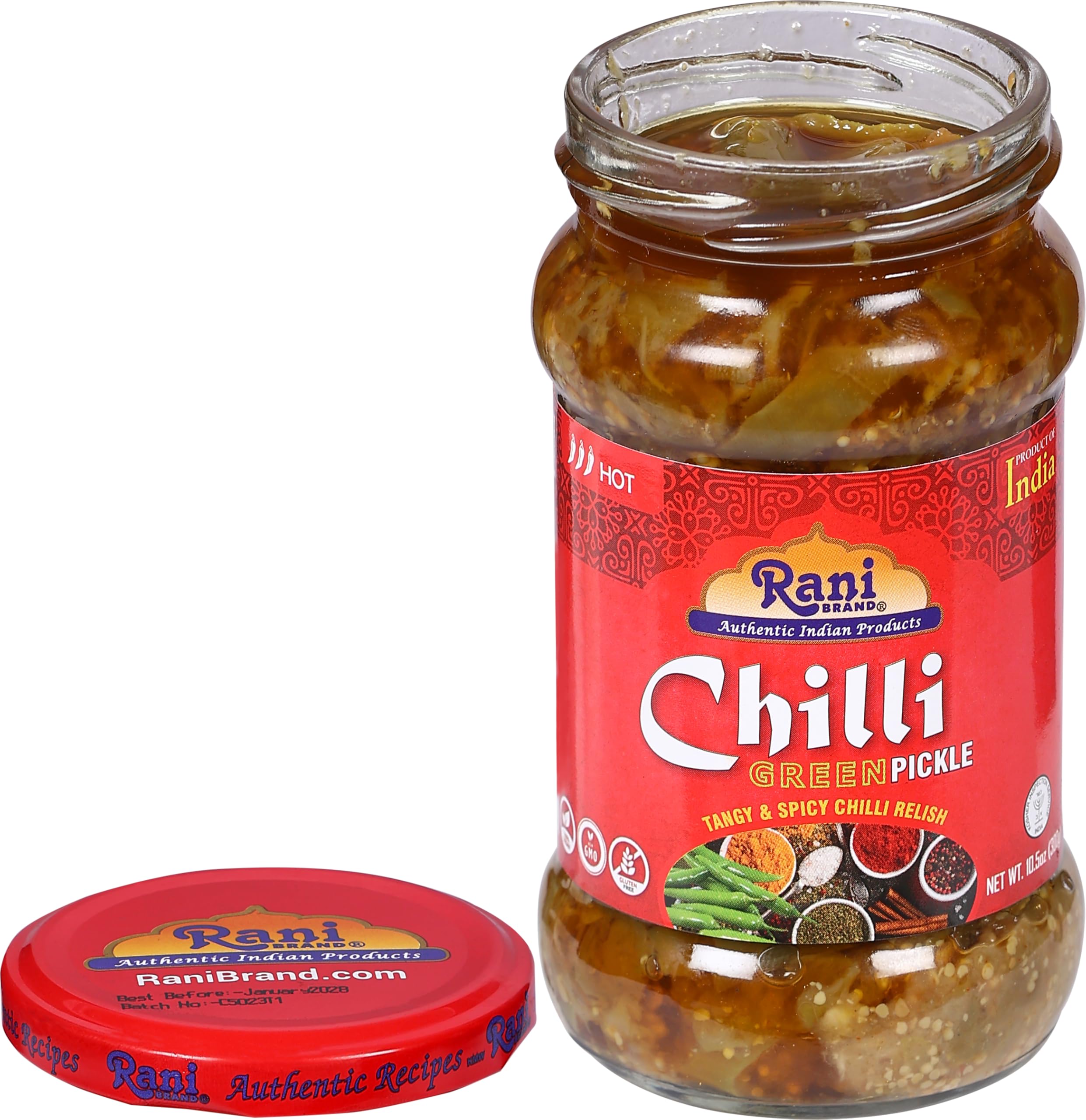 Rani Green Chilli Pickle Hot (Achar, Spicy Indian Relish) 10.5oz (300g) Glass Jar ~ Vegan | Gluten Free | NON-GMO | Kosher | No Colors | Popular Indian Condiment, Indian Origin