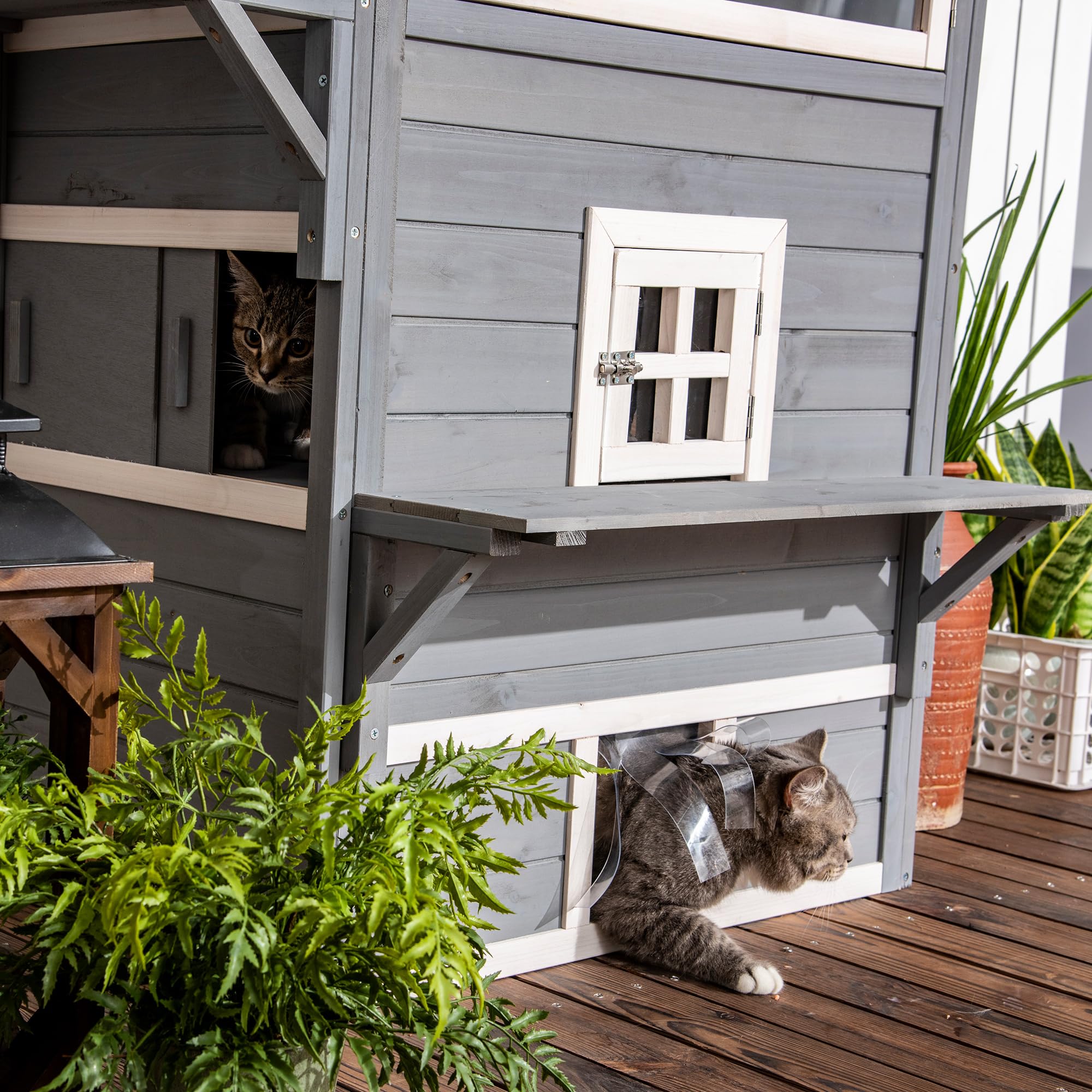 PawHut Caseta para Gatos de Madera 98x68,5x122 cm Grande 5 Puertas Gris | Casa para Gatos, 3 Niveles, 2 Plataformas, Terraza Balcón Jardín