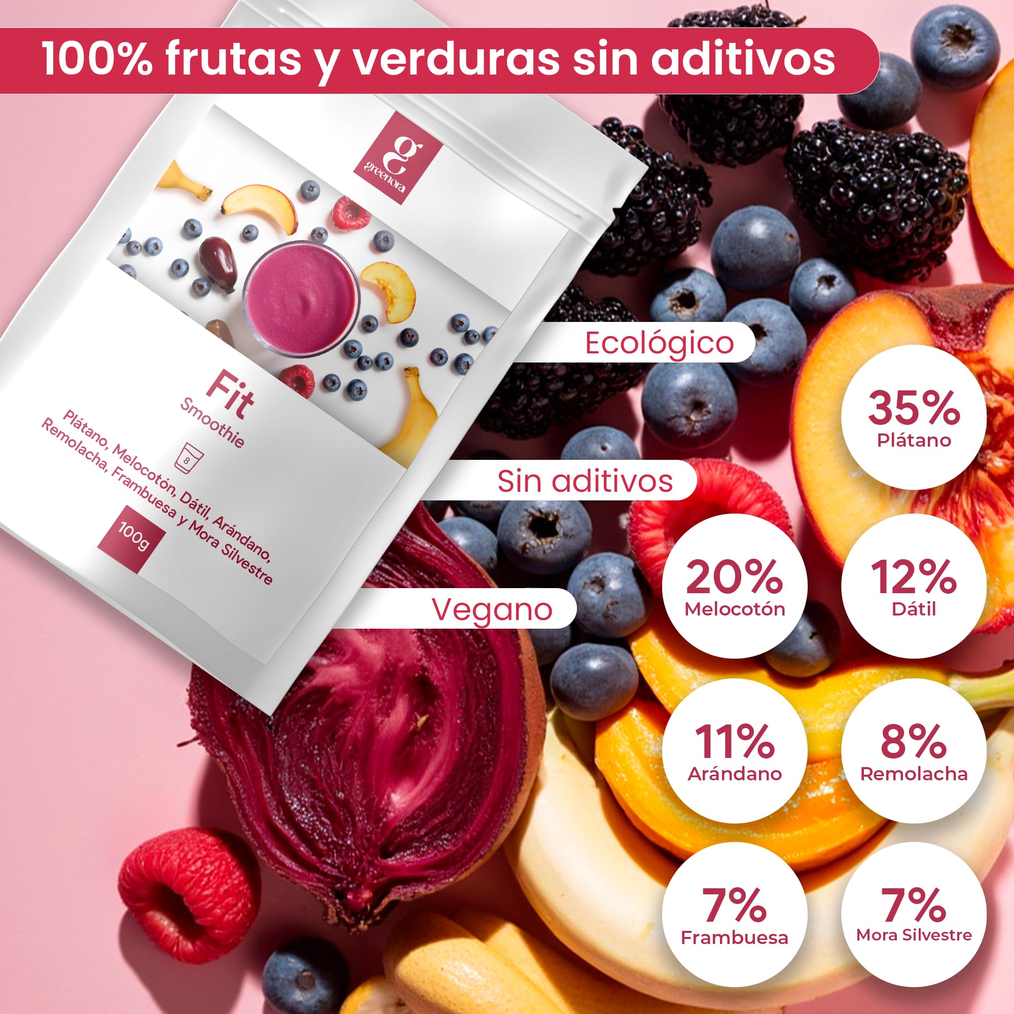 GREENORA Fruta Liofilizada en Polvo de Plátano, Melocotón, Dátil, Arándanos, Remolacha, Frambuesa y Mora, Ideal para Smoothies, Bowls y Recetas, Sin Azúcar, 8 Servicios