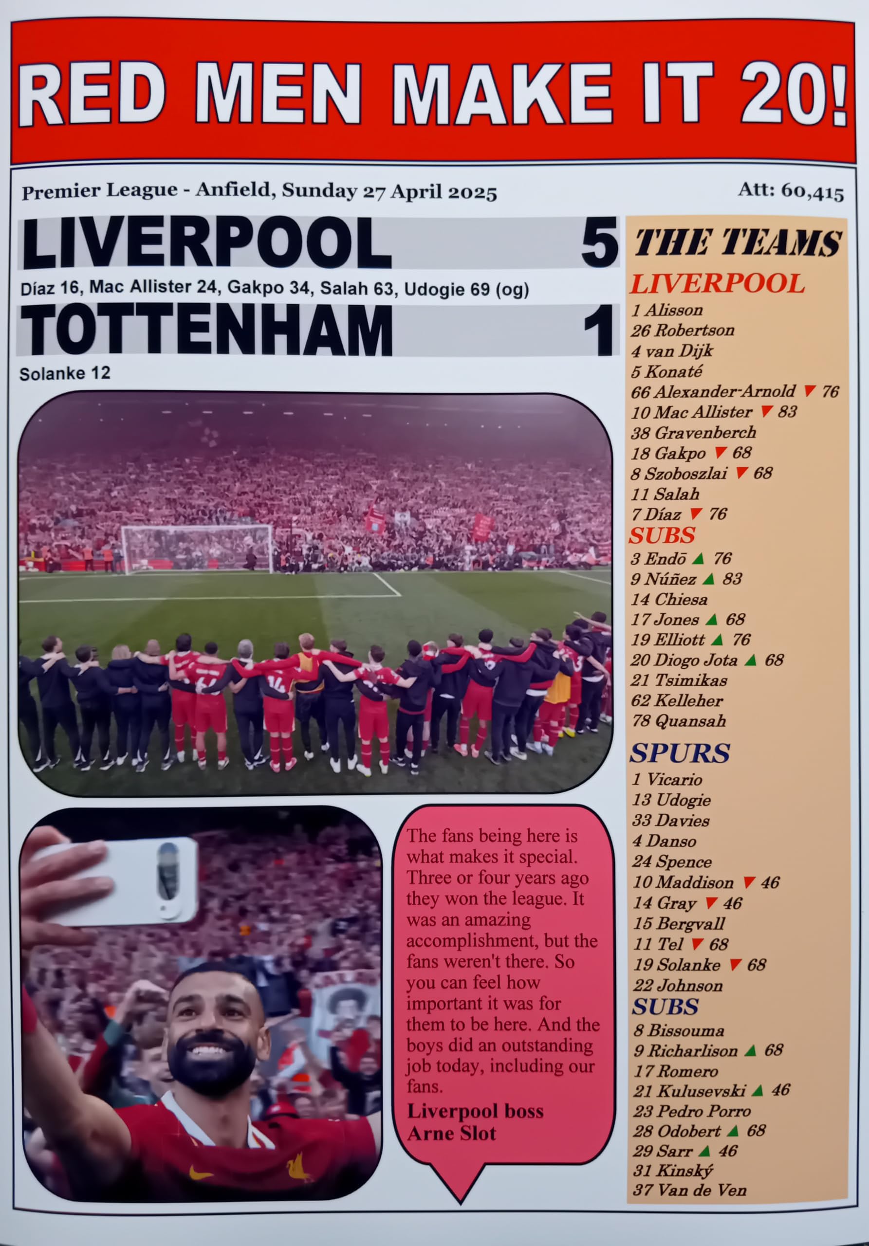 Assorted Multicoloured Liverpool 5 Spurs 1 | 2025 Premier League | Liverpool Champions | Souvenir Print Poster Gift