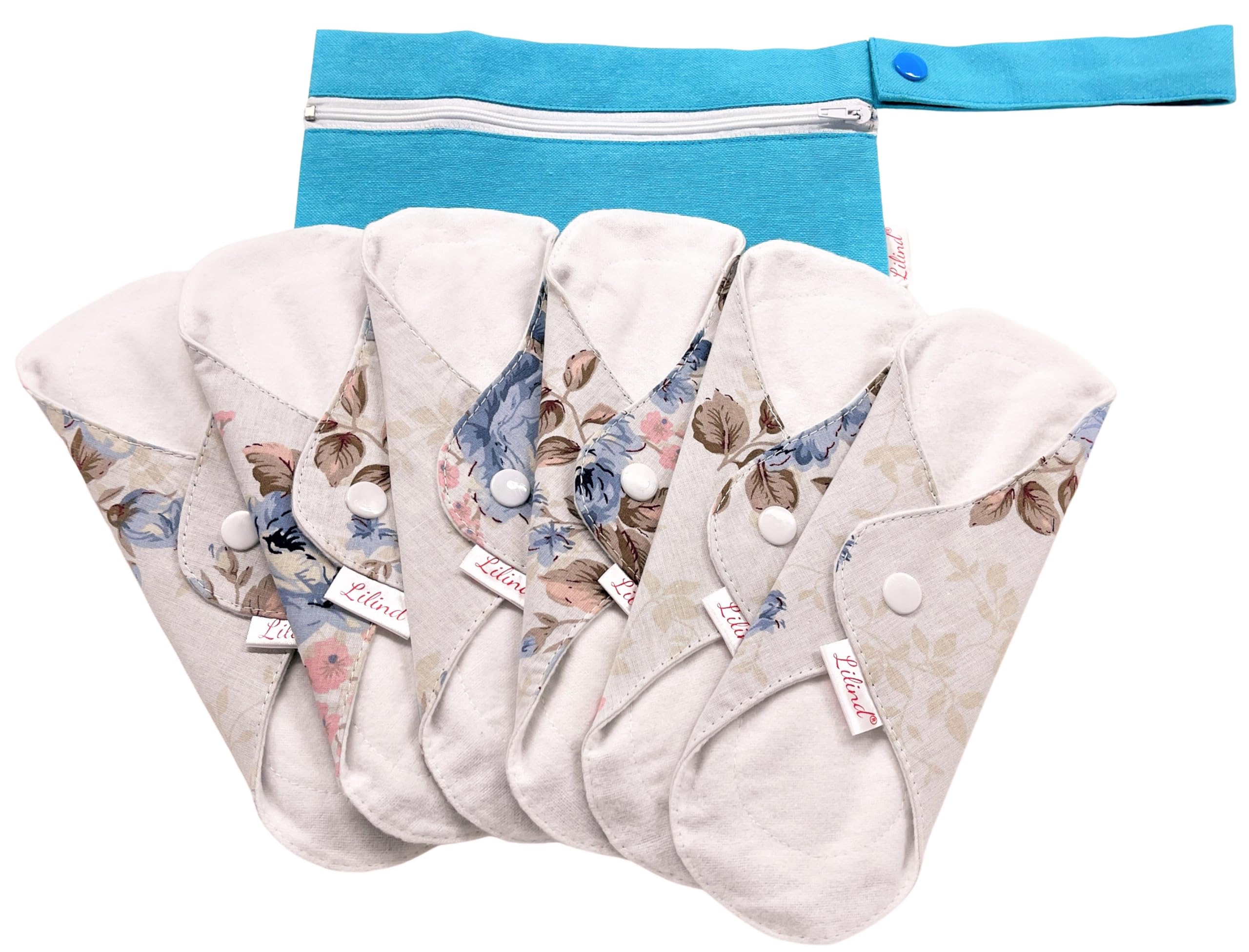 Lilind 6 Stück 30 cm schwere Bio-Tucheinlagen, Starter-Set, wiederverwendbar, wasserdicht, Menstruationsbinden, 100 % Baumwolle, Rosenpfingstrosen