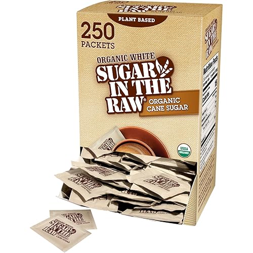 Sugar In The Raw Organic Granulated White Premium Cane Sugar, No Added Flavors or erythritol, Pure Natural Sweetener, Hot & Cold Drinks, Coffee, Tea Vegan, Gluten-Free, Non-GMO, Bulk Sugar, 250 ct packets (1-Pack)