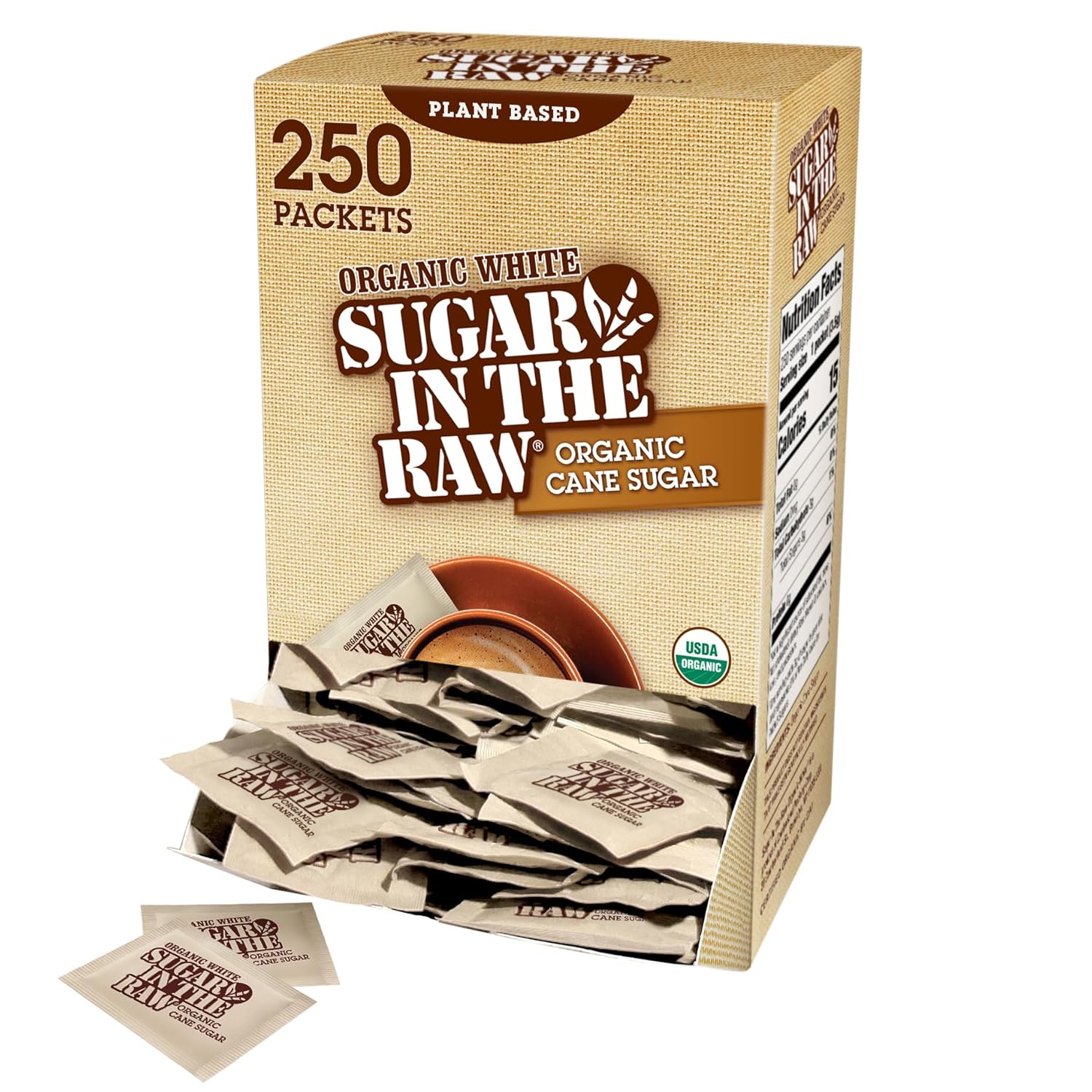 Sugar In The Raw Organic Granulated White Premium Cane Sugar, No Added Flavors or erythritol, Pure Natural Sweetener, Hot &amp; Cold Drinks, Coffee, Tea Vegan, Gluten-Free, Non-GMO, Bulk Sugar, 250 ct