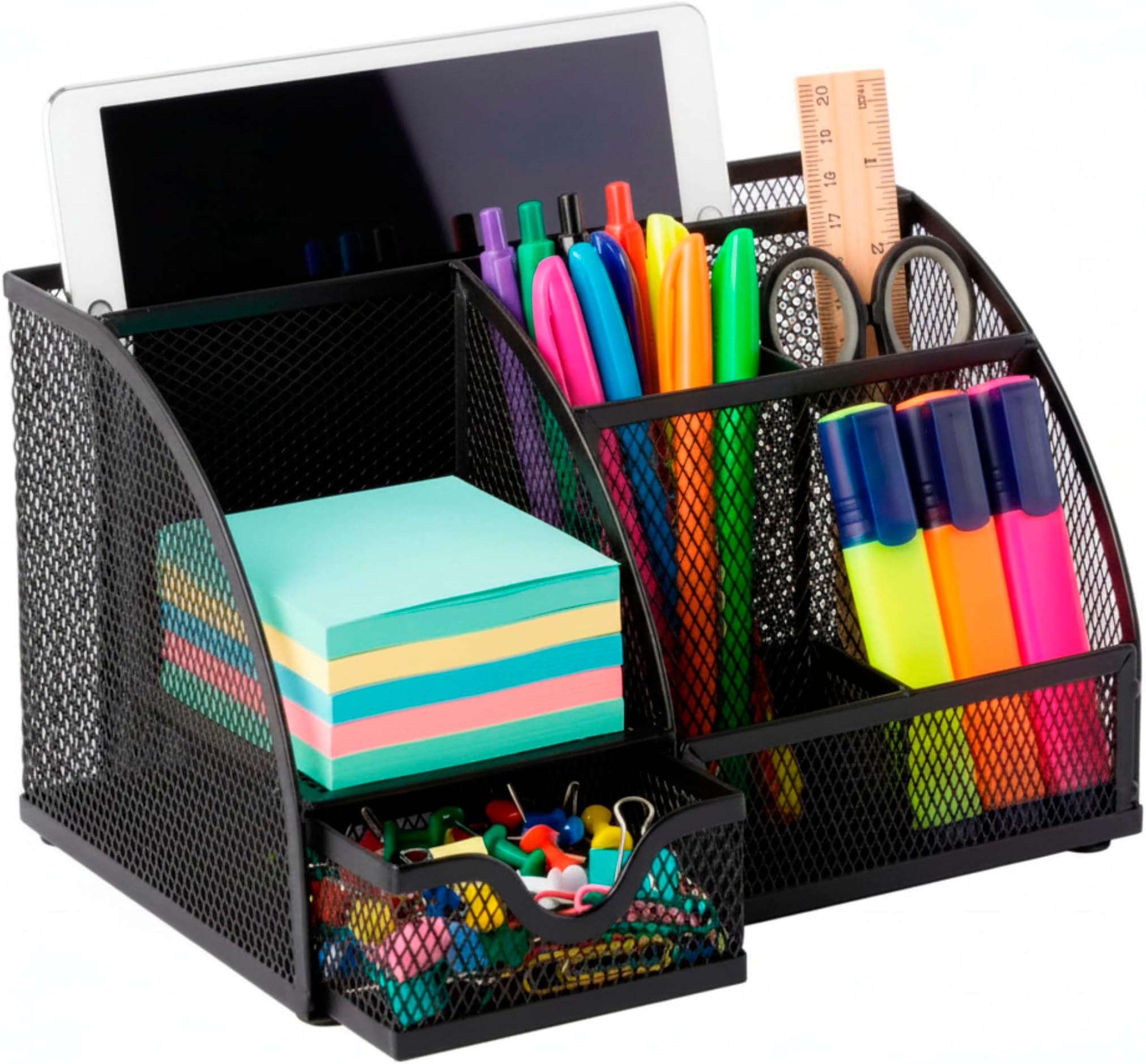 Osco Small Wiremesh Desk Organiser, Metal Mesh Pen Pot Desk Tidy with 6 Compartments & Single Drawer, Desktop Stationery Storage for Office & Home, Black