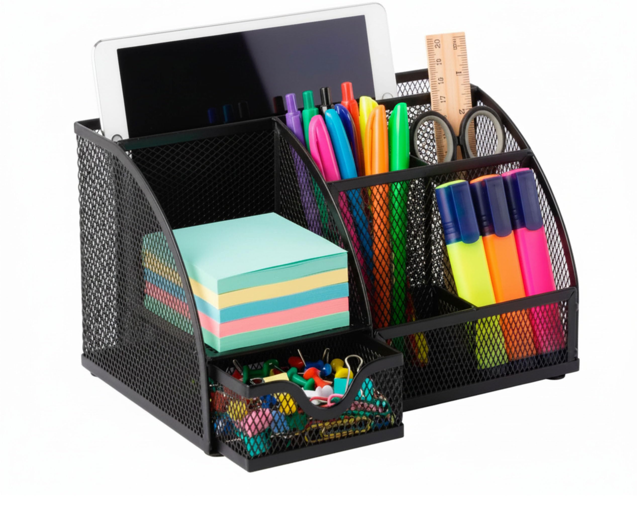 Osco Small Wiremesh Desk Organiser, Metal Mesh Pen Pot Desk Tidy with 6 Compartments & Single Drawer, Desktop Stationery Storage for Office & Home, Black