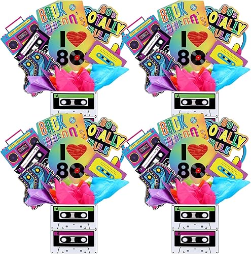 Juego de 4 decoraciones de fiesta de los 80, centro de mesa retro de los años 80, incluye 4 cintas de casete, centro de mesa, 32 varillas,