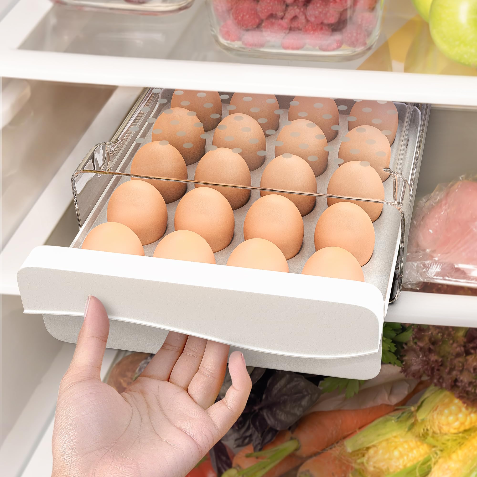Eierbox,Eierbehälter für 20 Eier,eierbehälter für kühlschrank,Deecam Aufbewahrungsbox für Frische Eier für Kühlschrank,Eierschublade, Eierablage(1 Stück) Transparent, Weiß，Kühlschrank Organizer