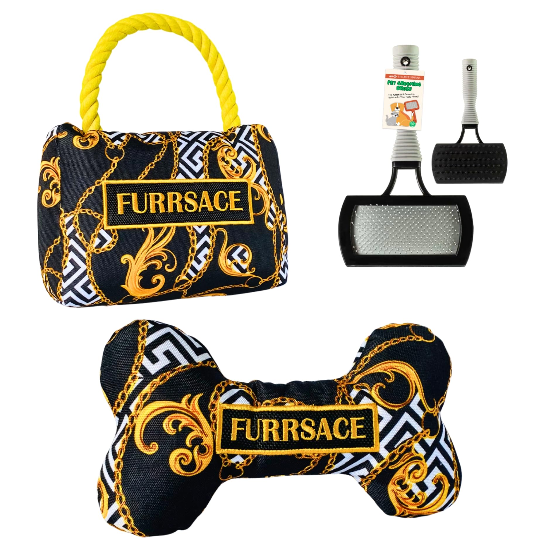 Luxury Designer-Inspired Squeaky Pet Toy Bundle with ShopZee Pet Grooming Brush – Includes Soft Bone and Handbag Toy - Squeaky Pet Toys for Dogs, Cute Designer Dog Toy Set (FURRSACE, One Size)