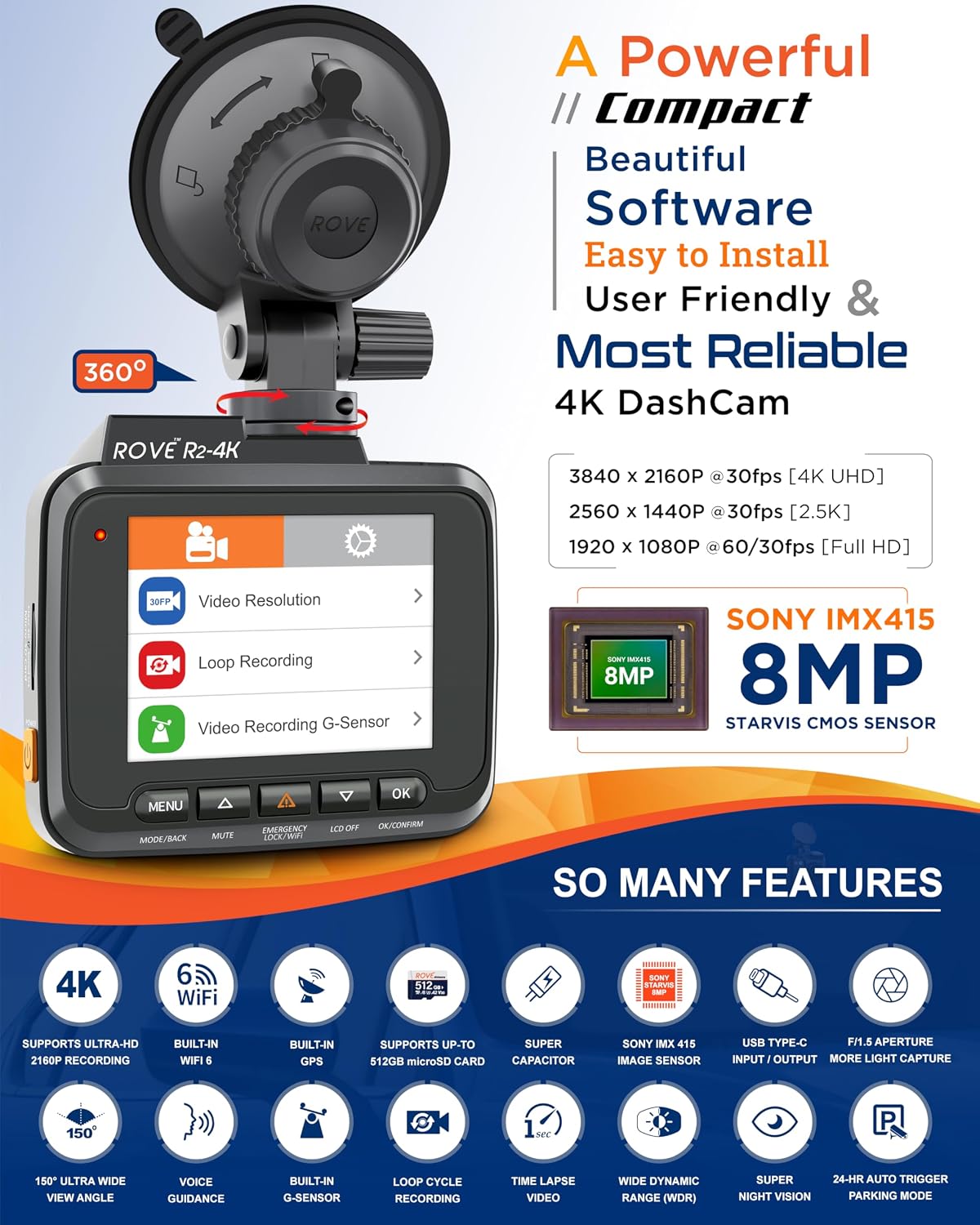 ROVE R2-4K Camara de Carro 4K UHD WiFi 6 GPS Vision Nocturna Modo Parqueo 3