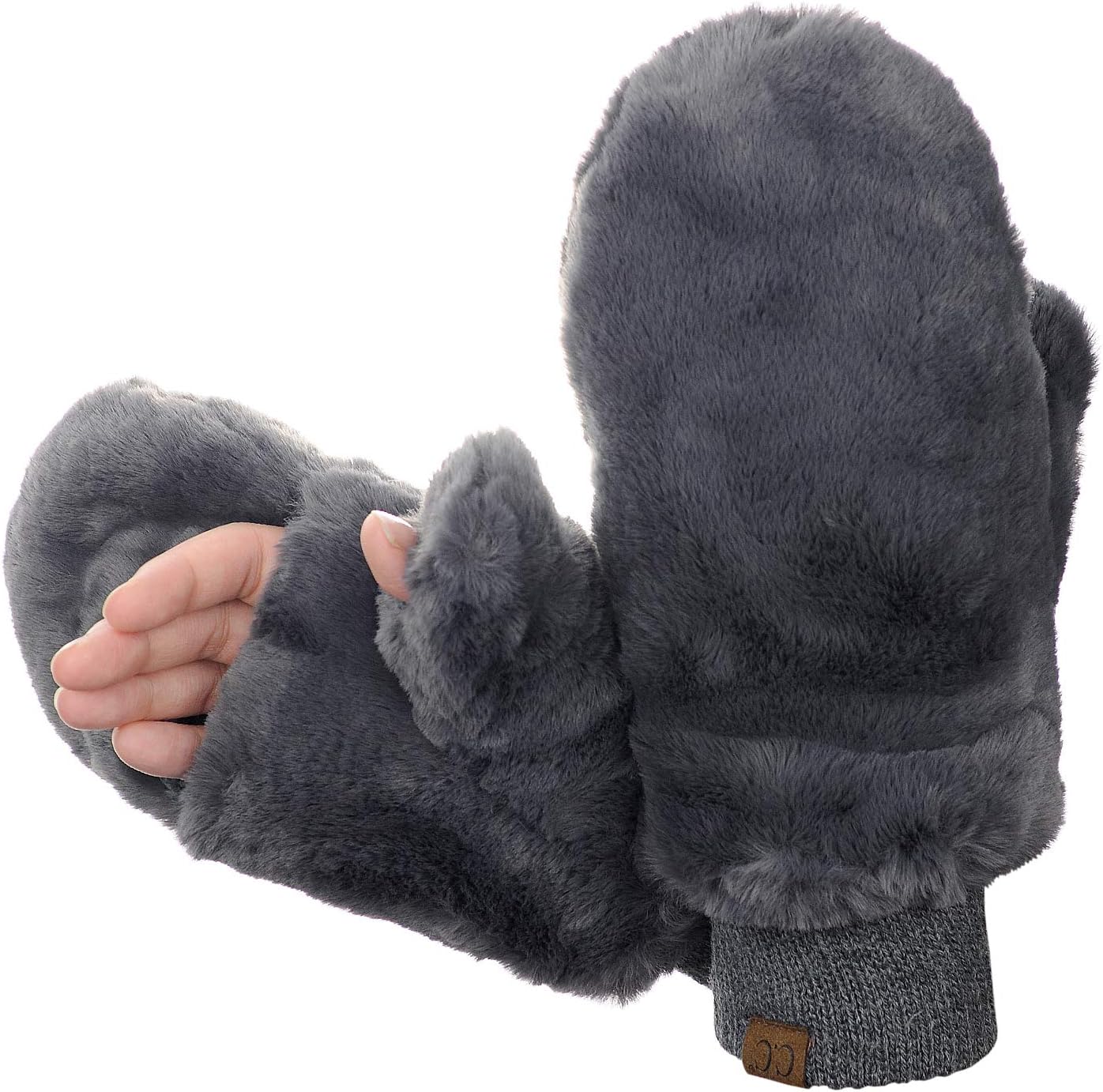 C.C Women's Faux Fur Wrist Length Fingerless Sherpa Lined Convertible Mittens Gloves - Image 2