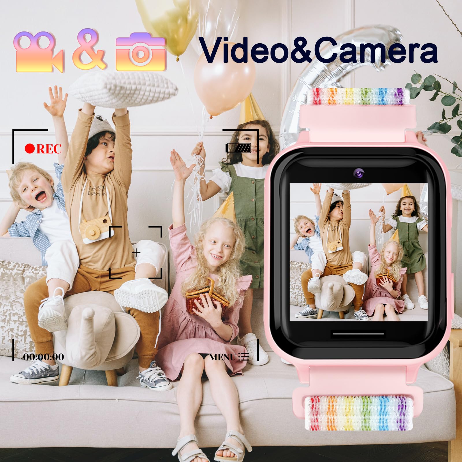 PTHTECHUS Smartwatch per Bambini, Telefono Smartwatch con Lettore Musicale per Ragazzi e Ragazze Giochi SOS Contapassi Touchscreen Fotocamera Orologio per Bambino 4-12 Anni Regalo (04UK-S19Pink)