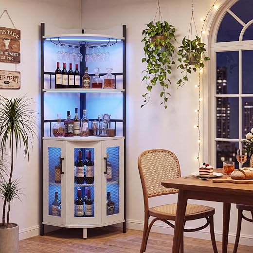 Garvee Corner Bar Cabinet, 5Tier Wine Cabinet with Power Outlets&LED Lights