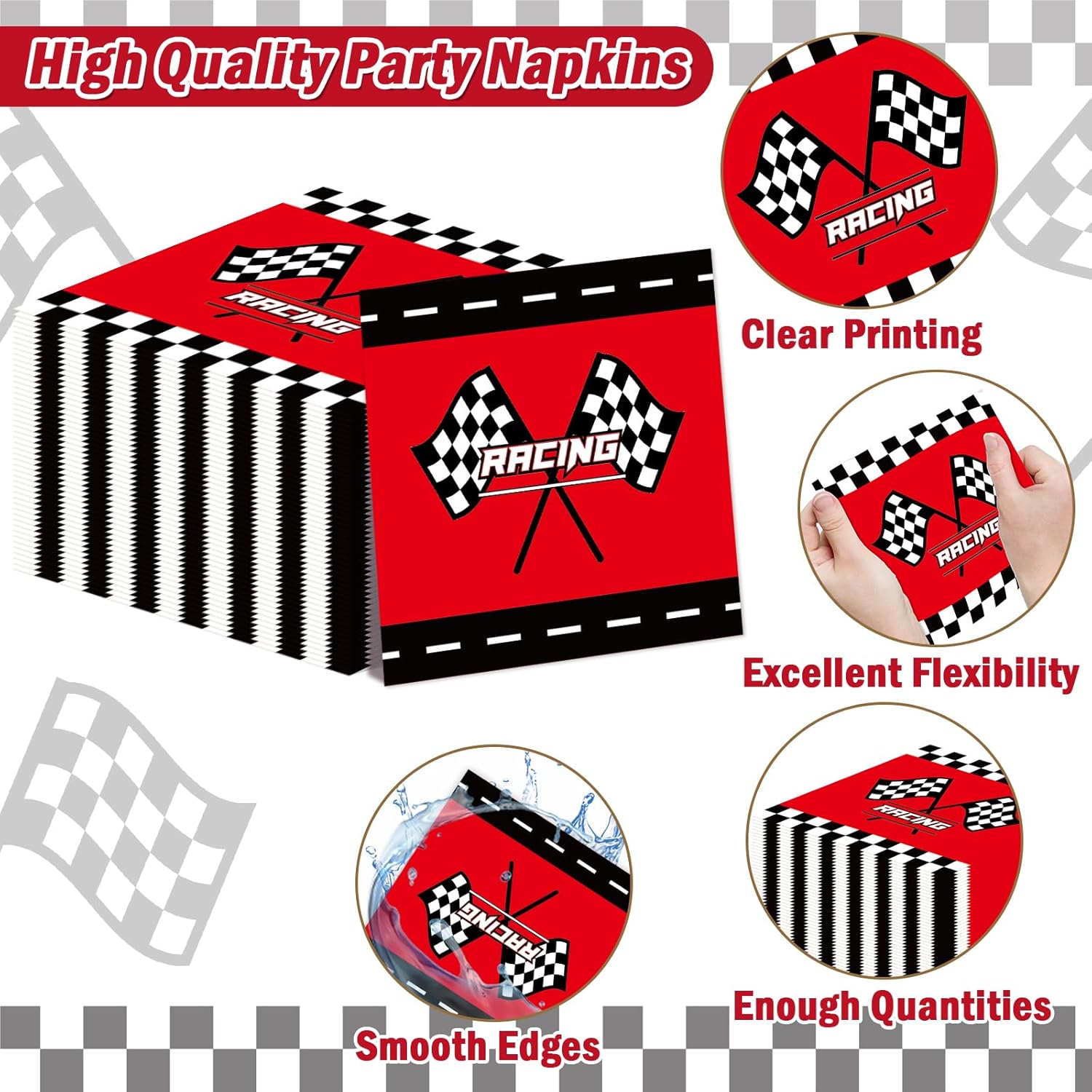 96Pcs Race Car Party Plates and Napkin Red Racing Car Party Supplies Black Checkered Flag Dessert Plate Racing Dinnerware Tableware Set for Kid Boy Birthday Baby Shower Home Party Decor - Image 4