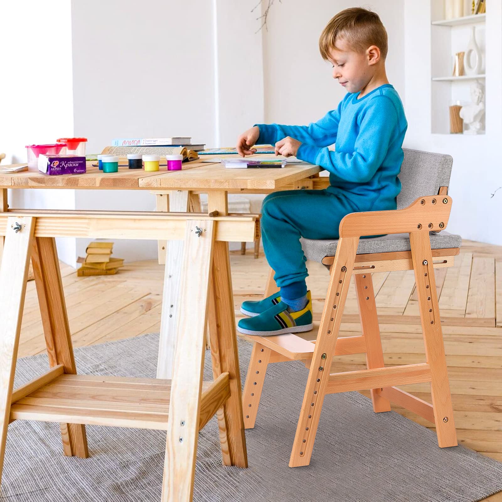 Ezebaby Hochstuhl, höhenverstellbarer Holzhochstuhl für kinder von 3 bis 12 Jahren Buchenholz Kinderstuhl, Lehrstuhl, Stabil & Sicher bis 90 kg für Kinder und Erwachsener (Natur)