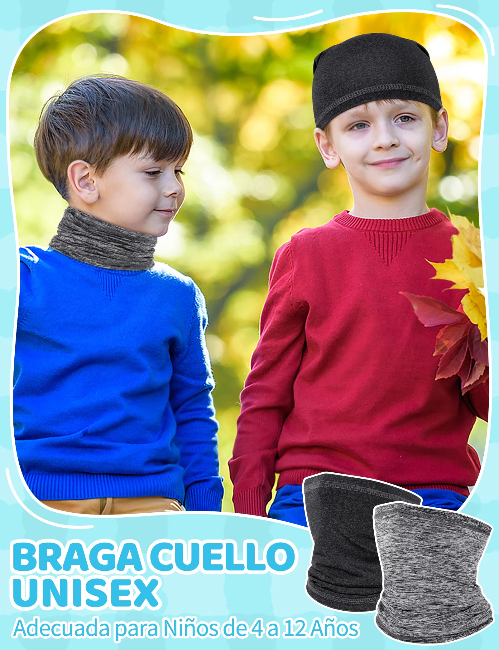Kiiwah 2 Piezas Braga Cuello Fino para Niño Niña, Bufanda Cuello Multifunción Transpirable para Ciclismo, Senderismo, Pesca, Deportes (Negro, Gris)