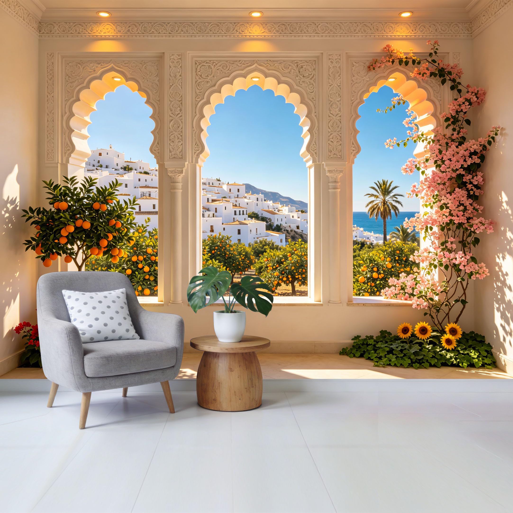 Custom Size Wall Mural Mediterranean Coastal Village Orange Grove View Through Archway Removable Self Adhesive Fabric Home Wall Decor for Living Room Bedroom Bathroom