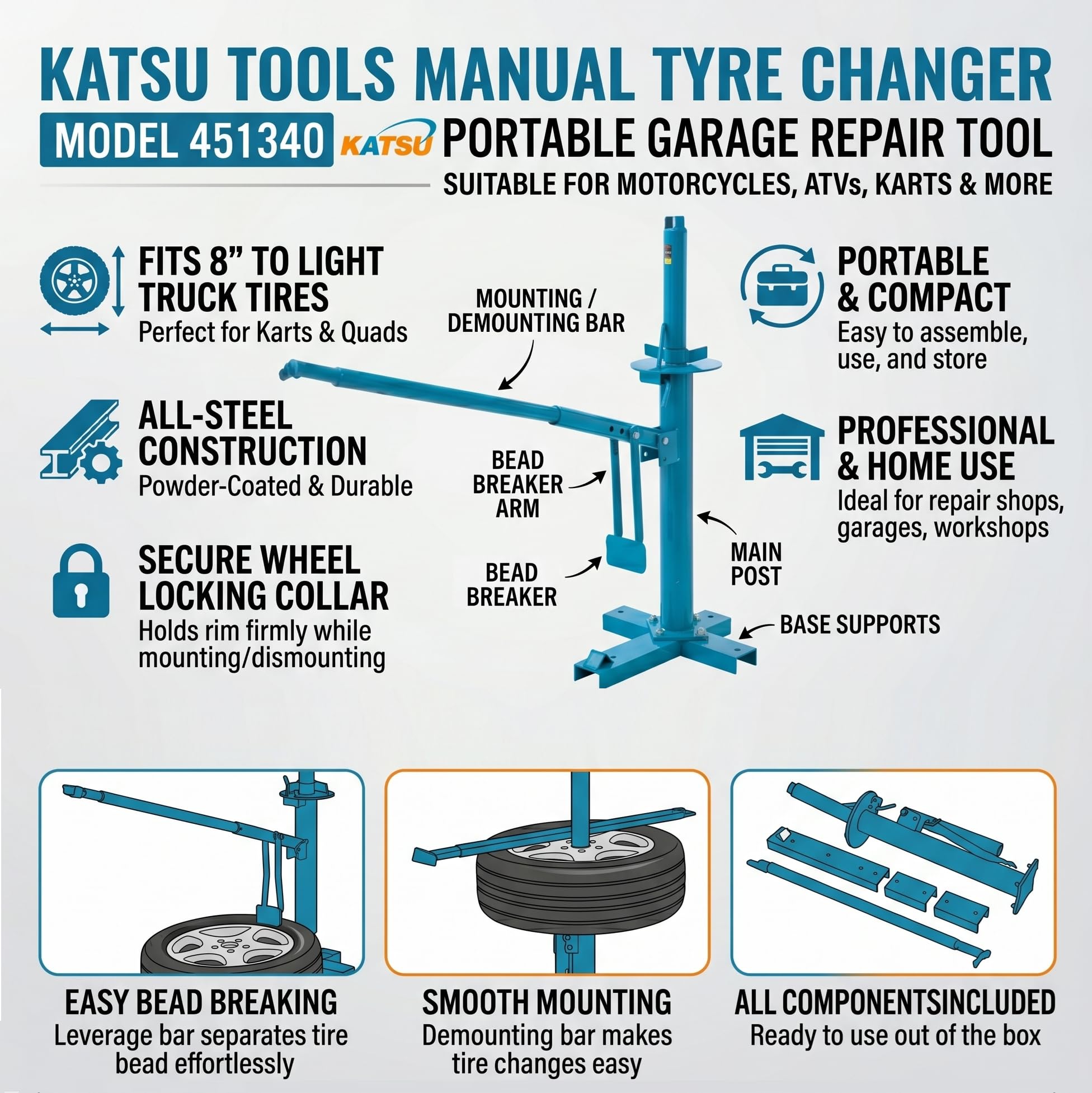 KATSU Tools Desmontadora de neumáticos Manual, extractora de neumáticos portátil para automóviles, rompedora de Ruedas, Herramienta de reparación para vehículos, Motocicletas, quads y más 451340
