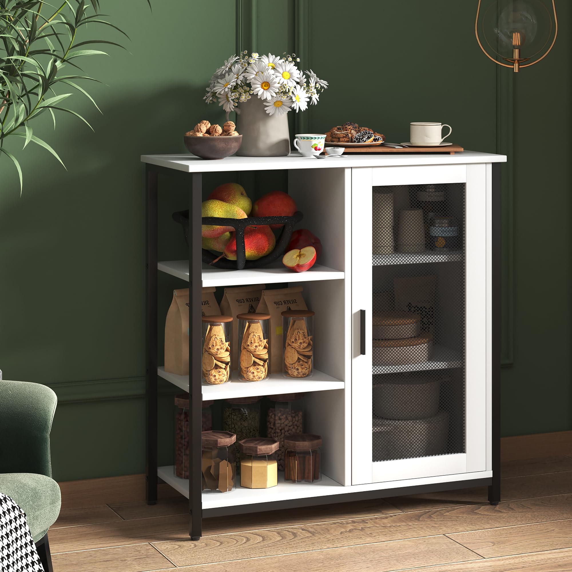LVSOMT Mini Coffee Bar Cabinet with Storage, 27.5'' Small Kitchen Bar Table, Cute Corner Bar Cabinet for Tea, Buffet Sideboard Cabinet for Dining Room, Farmhouse Coffee Station for Wine (Pure White)