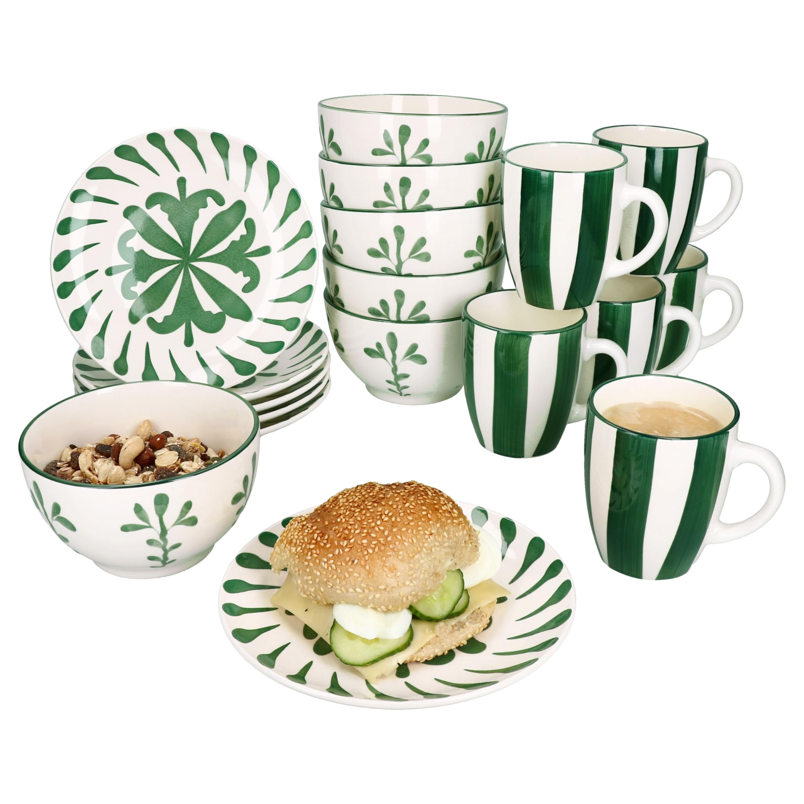 MamboCat Wald Green Service de petit-déjeuner 18 pièces I 6 petites assiettes à petit-déjeuner, bol à céréales et tasses à café pour 6 personnes avec branches et rayures I Noël