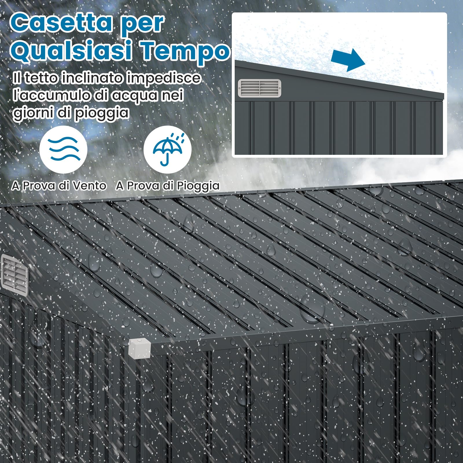 COSTWAY Capanno da Giardino 2,6㎡, Casetta Porta Attrezzi da Esterno in Metallo Zincato Resistente alle Intemperie con 2 Porte e Tetto Inclinato, Ripostiglio per Cortile (Grigio)