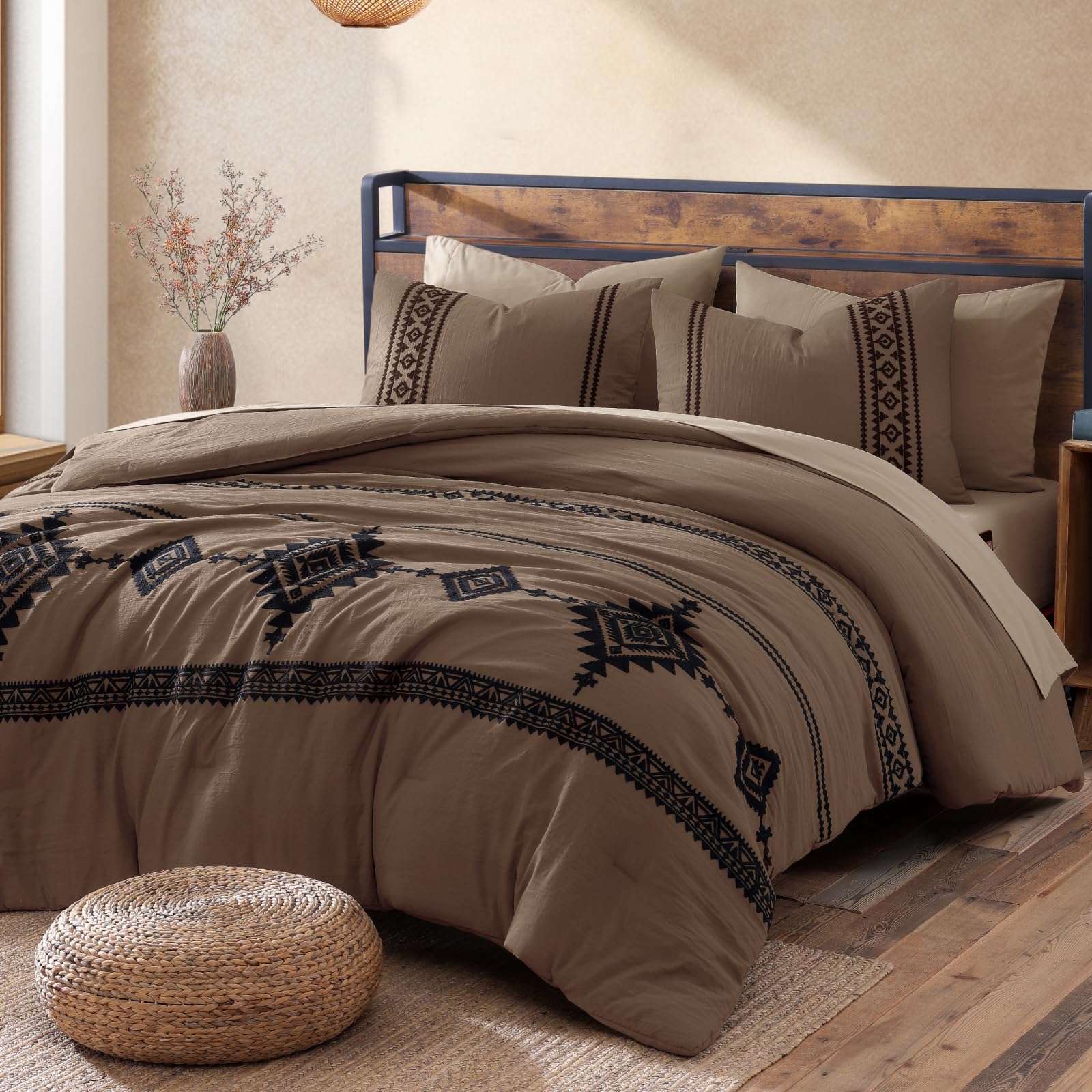 mairêve embroidery comforter set, boho farmhouse western bedding set, all season bed in a bag comforter set with sheets, pillowcases & shams, brown queen 7 pieces