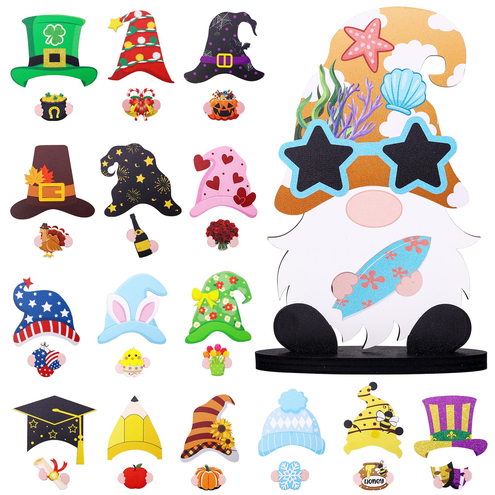 Piklodo34 Pcs Interchangeable Wooden Gnome Decor DIY Holiday Seasonal Gnome Decorations with Detachable Hats and Magnet Pieces Gnome Welcome Sign for Easter Spring Summer Holiday Decorations