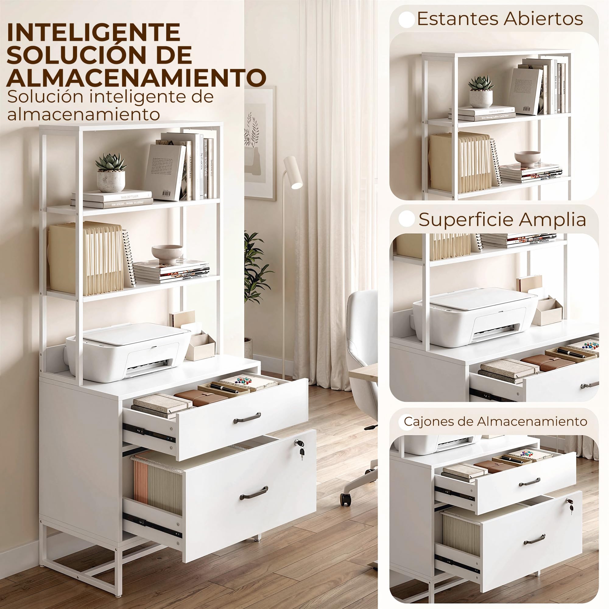 HOMCOM Cajonera Escritorio con Estantería, Mueble Archivador con 2 Cajones, Encimera para Impresora, Cerradura, para A4 Letter Legal, para Oficina, Estudio, Blanco