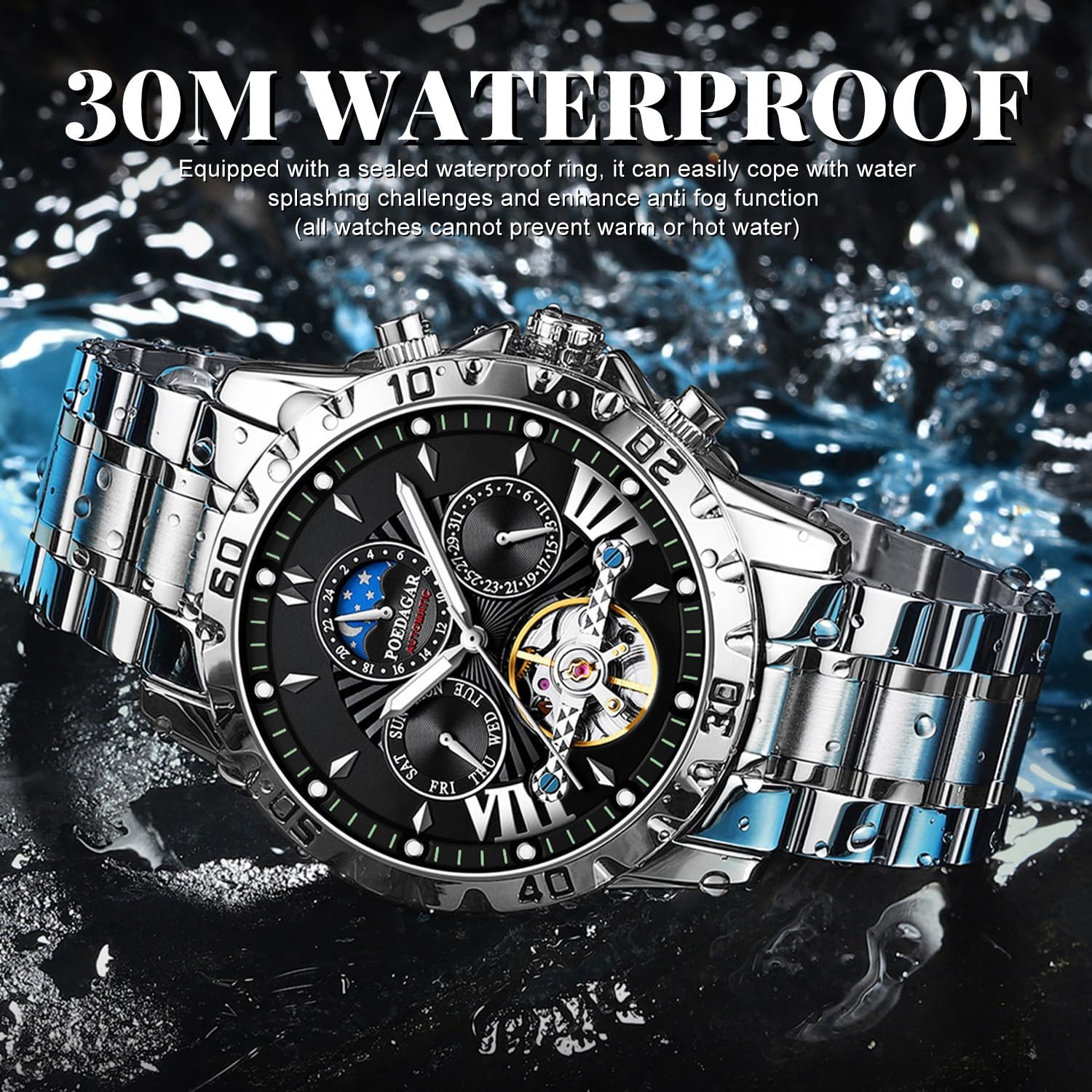 FORSINING Mechanical Men's Watch, Moon Phase Tourbillon Automatic Self-Wind Wristwatch, Luxury Stainless Steel Band 43mm Big Dial Mens Wrist Watch with 3 Sub Dial - Image 4