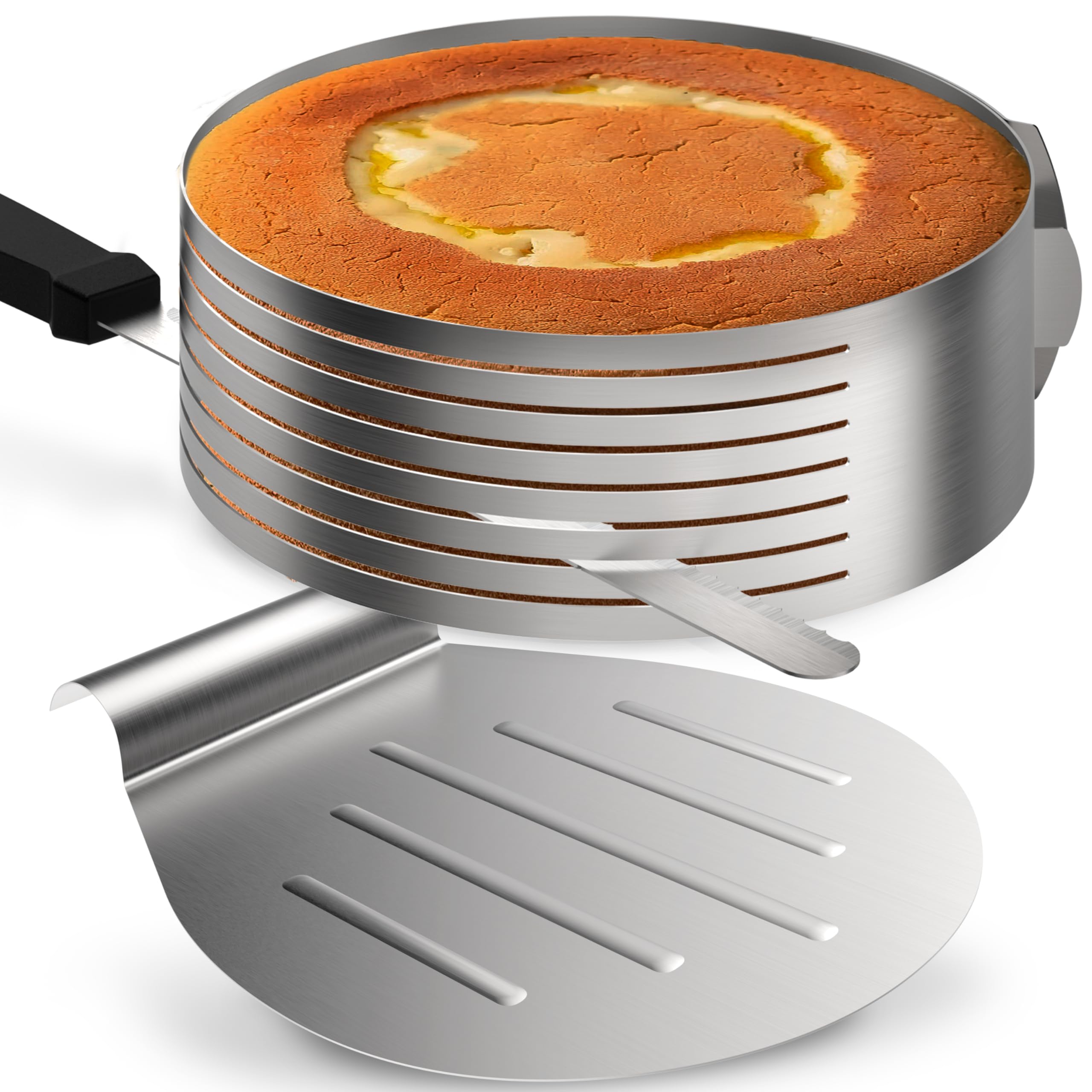 Menz Tortenzubehör - 3-teiliges Set Torten Schneidehilfe aus Edelstahl, praktisches Kuchenschneidehilfe Set mit Tortenboden Schneidehilfe Ring von Ø 26/28 cm, Konditormesser, Tortenheber