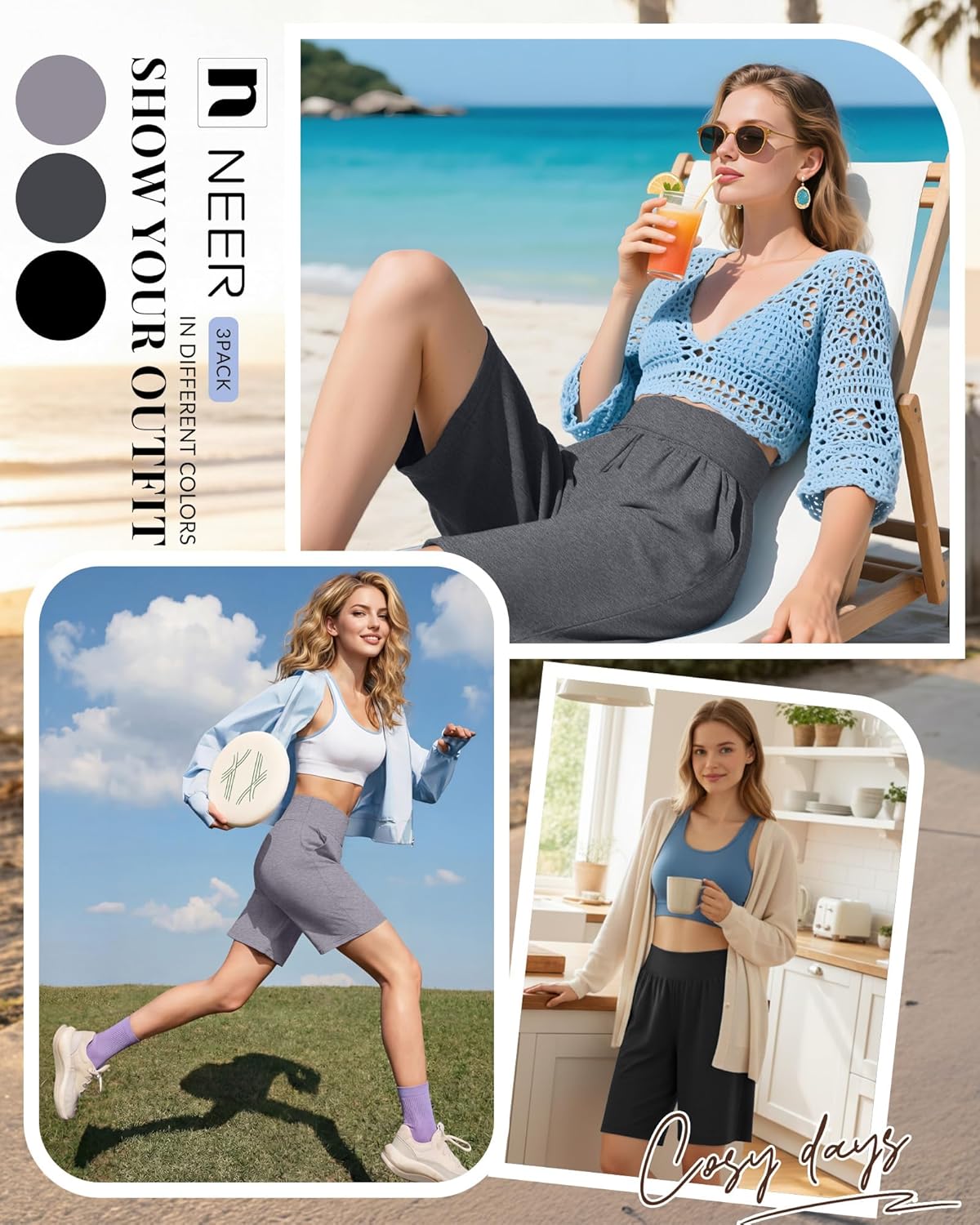 Neer 3 Pack Women's Bermuda Shorts, High Waist Cotton Stretch Casual Bottoms Knee Length Summer Athletic Short with Pockets(Black, Light Mixed Gray, Dark Mixed Gray,Small) - Image 5