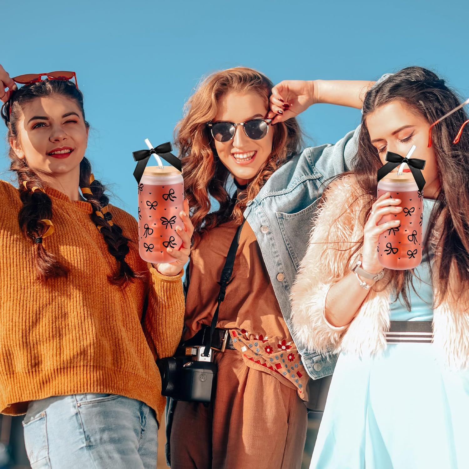 12 Sets 16oz Coquette Aesthetic Bow Glass Cup with Lids and Straws for Women Mom Gifts Cute Bow Glass Coffee Cups Reusable Smoothie Tumbler Decor for Teacher Coworkers (Black)