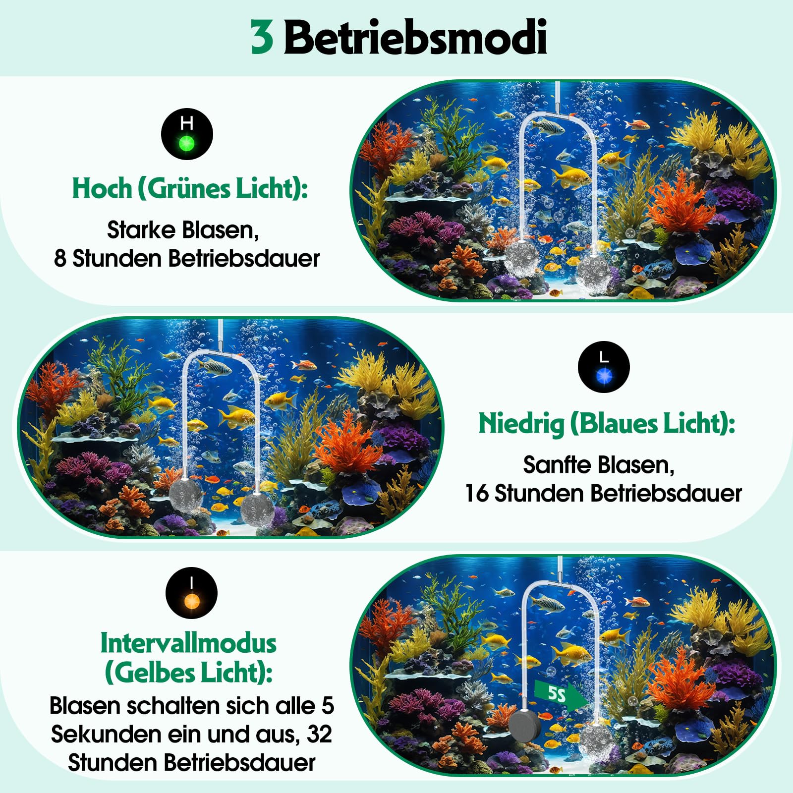 AMZtime 8 W Teichbelüfter Sauerstoffpumpe für Teich, Doppelpumpen Design Solar Sauerstoffpumpe mit Akku, Sauerstoff Luftpumpe 3 Modi 4 Luftsteine für Gartenteich, Angeln, Hydroponic