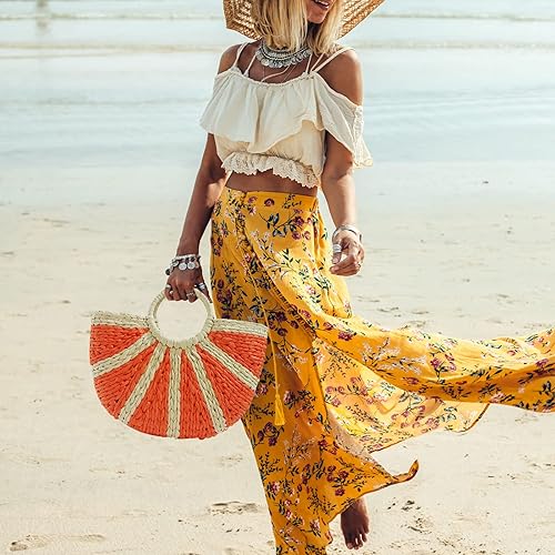 Miniatura 2 de NETFEN Mini bolsa de paja de ratán semicírculo, lindo bolso de mano tejido a mano con asa superior, bolso de mano retro para verano, playa, viajes,