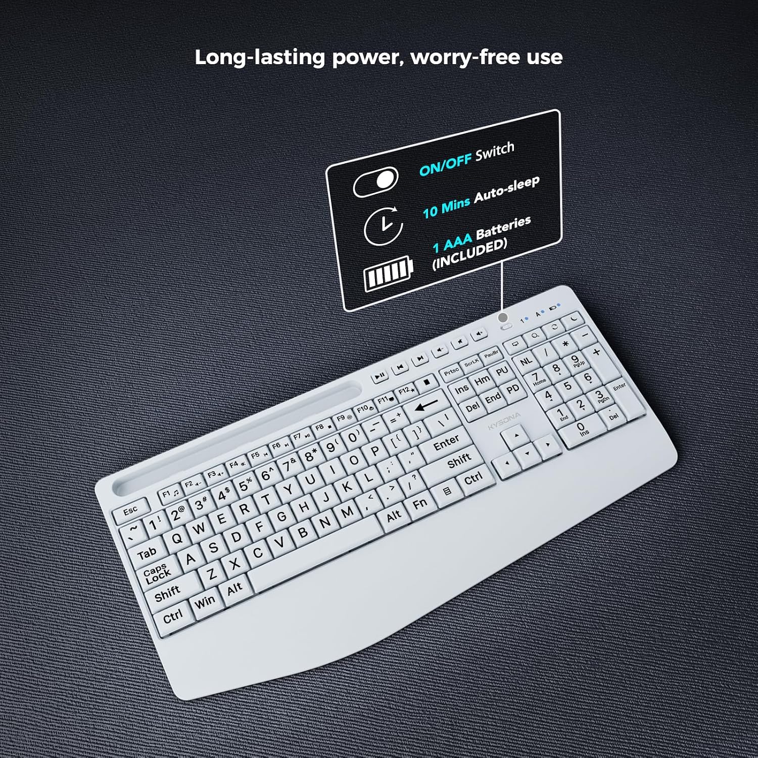 KYSONA Large Print Wireless Keyboard, Full Size Cordless Computer Keyboard with Phone Holder, Palm Rest, Ergonomic Tilt Angle, 2.4G Plug-and-Play, Compatible with Tablet/Windows/Laptop/PC, White image 3
