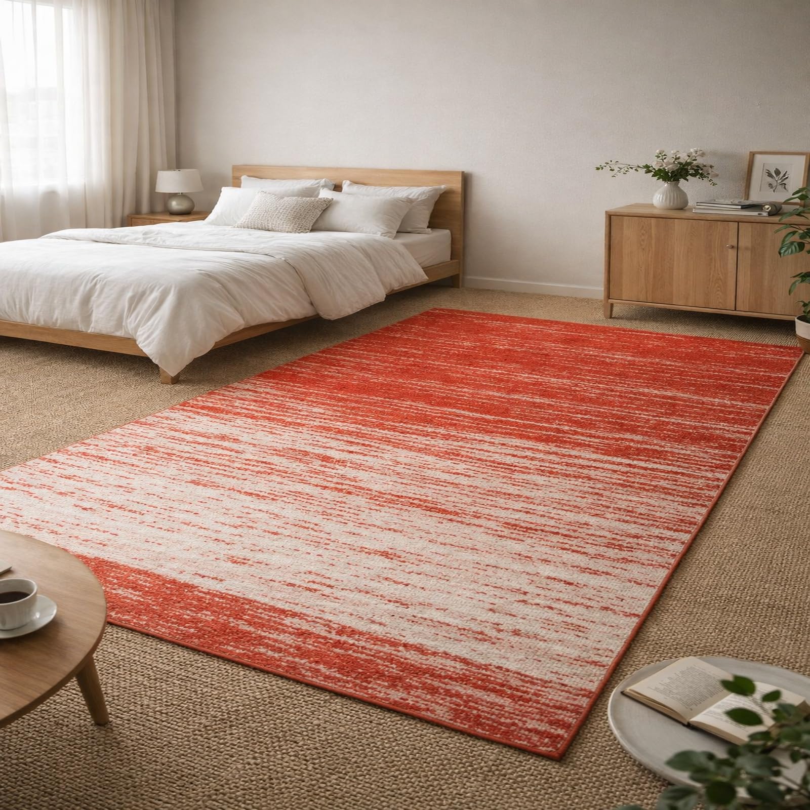 Grand tapis de salon moderne abstrait rouge et blanc aux finitions soignées
