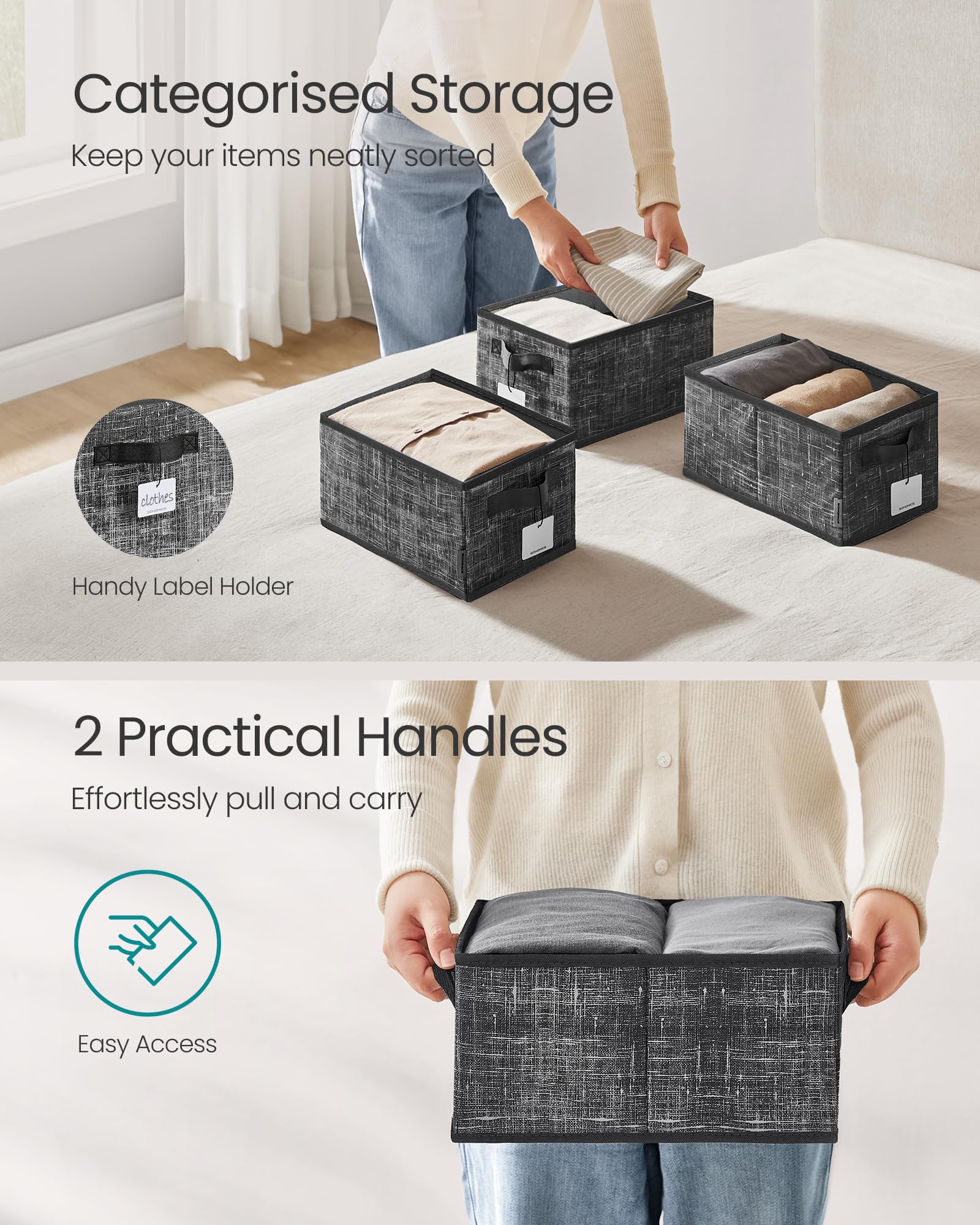 SONGMICS Collapsible Storage Boxes, Set of 3 Fabric Storage Baskets, 30 x 20 x 15 cm, Wardrobe Storage Organisers, 2 Handles - Image 4