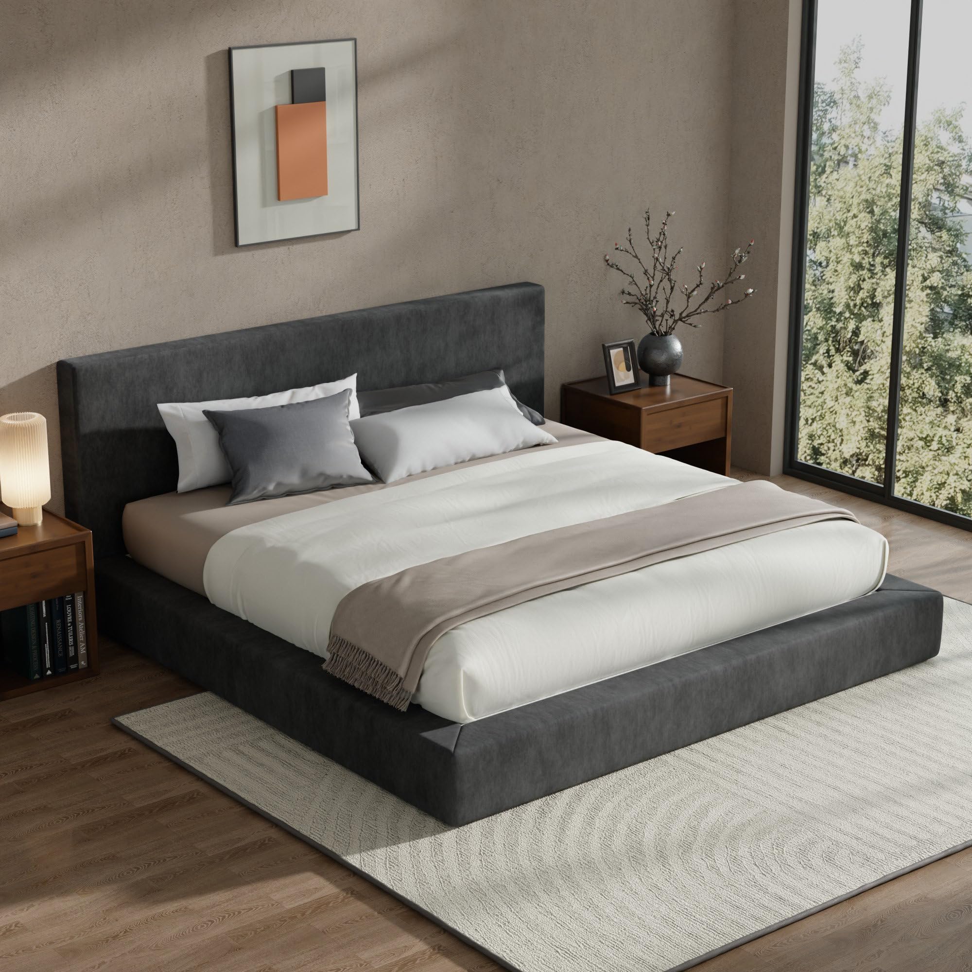 RECCI Cloud Polsterbett 160x200 cm mit gepolstertem Kopfteil, 5 cm weiche Schaumstoffpolsterung, doppelbett ohne Boxspring, leises Bettgestell im Schlafzimmer, familienbett (Schwarz) (160x200cm)