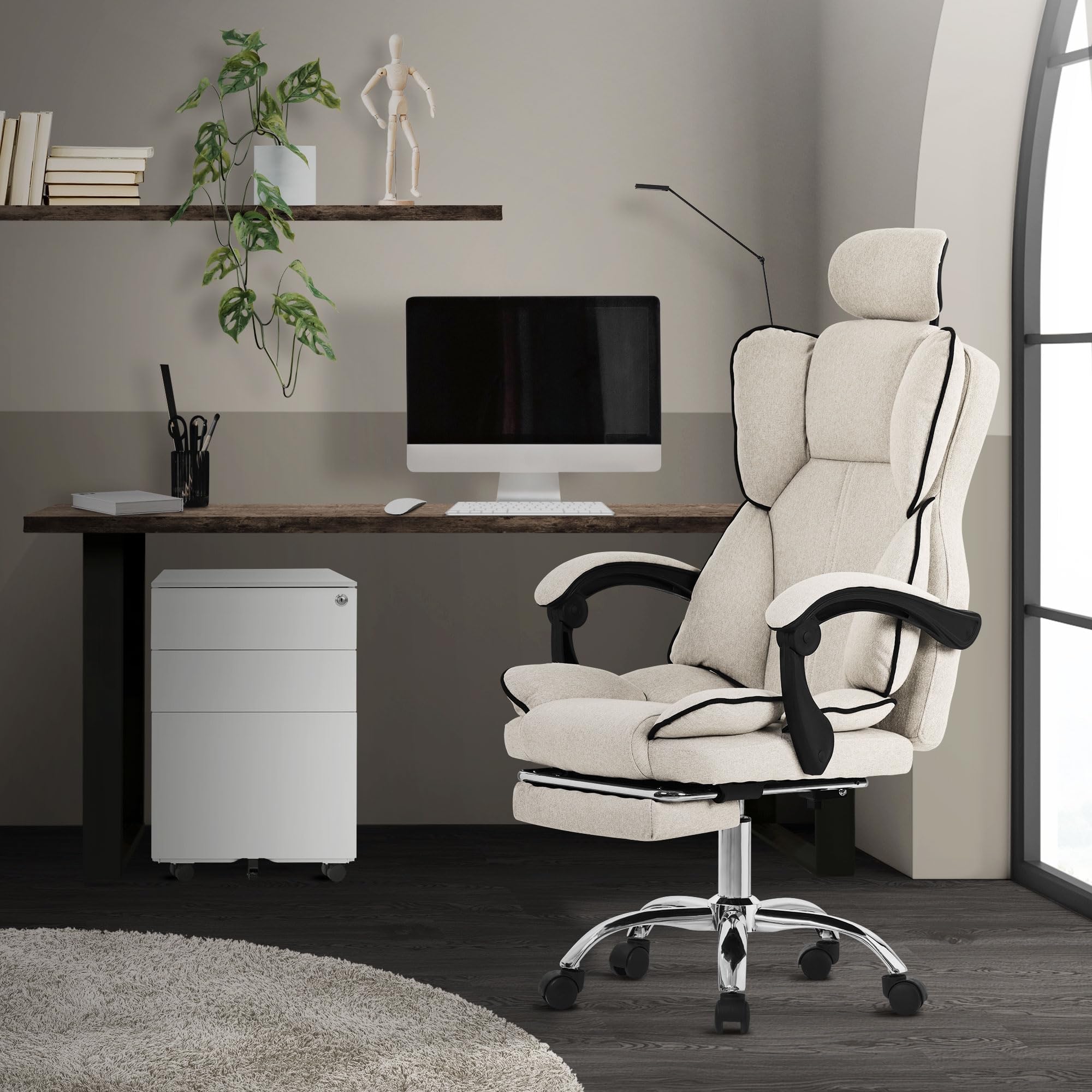 ML-Design Silla de Ordenador Beige Ergonómica Regulable en Altura con Respaldo Alto Asiento Gaming Giratorio con Reposapíes, Cojín y Reposacabezas Mueble de Oficina con Función Balancín