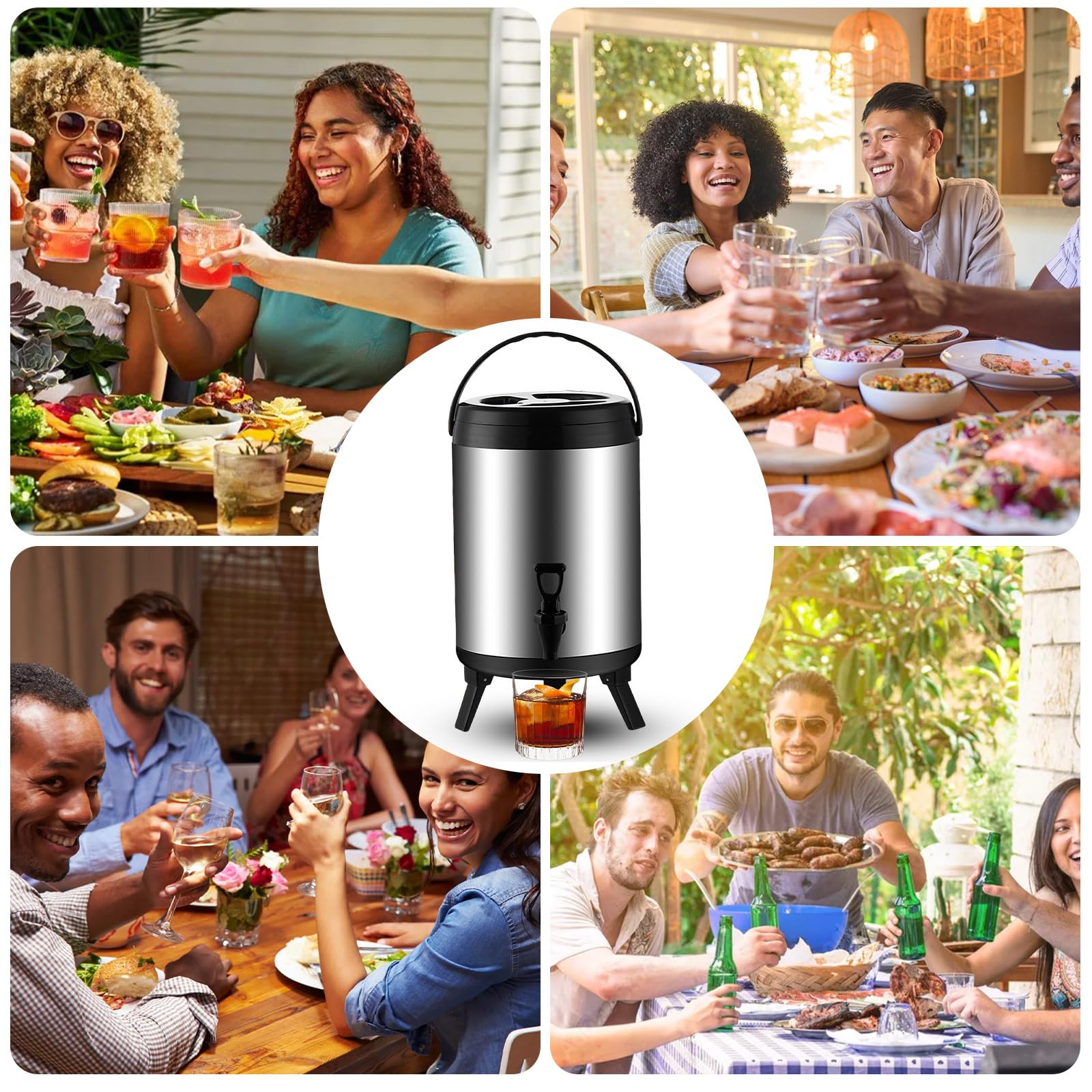 Distributeur de Boissons Isotherme 6/8/10L,Thermos Distributeur de Boissons Chaude et Froide,Inox alimentaire Conservation Longue durée Chaude et Froide,pour Camping et Restauration (6L)