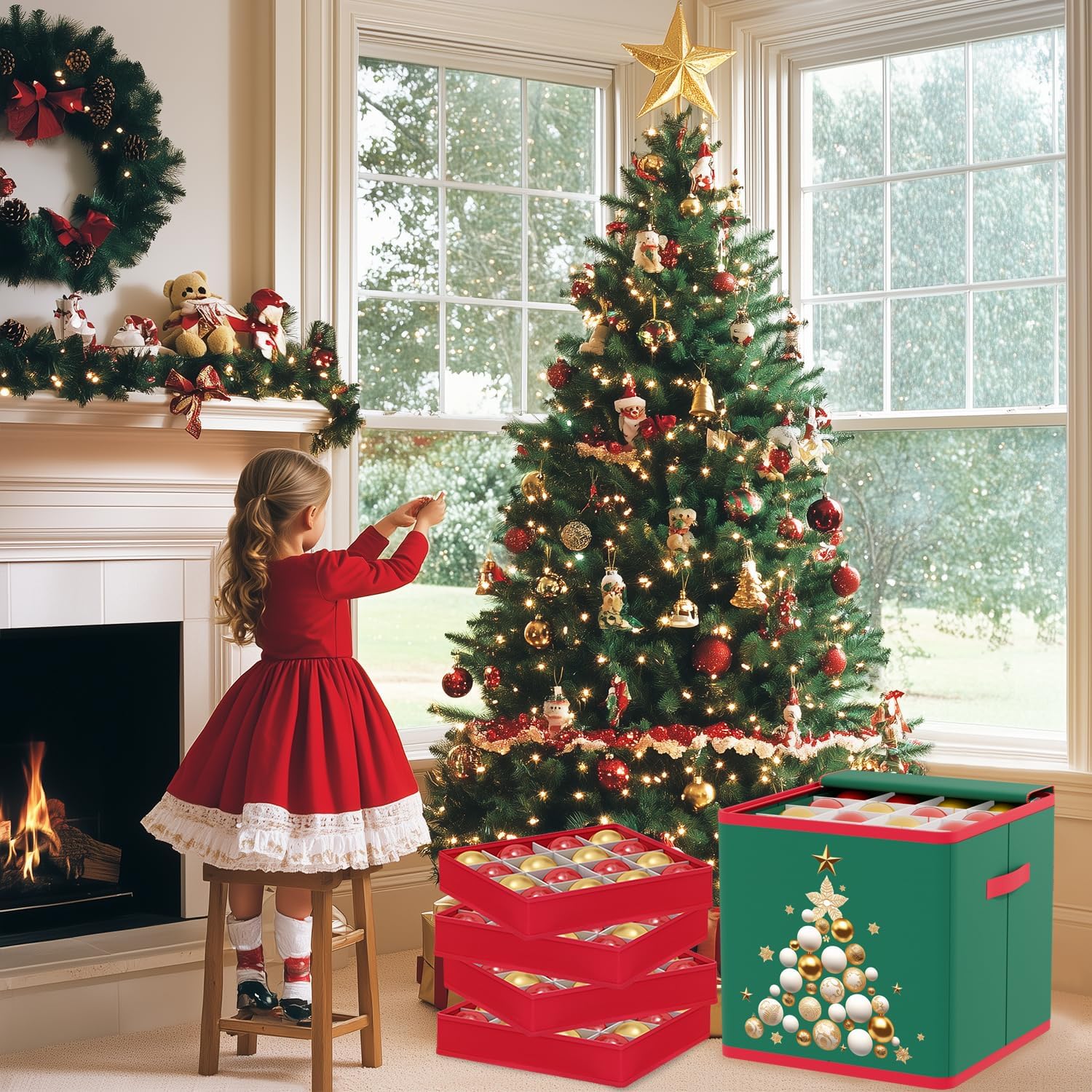 FOTSHARER Christmas Tree Storage Bag for 9 FT Tree Christmas Ornament Storage Box Holds Up to 64-3'' Holiday Ornaments Christmas Tree Storage Containers and Christmas Ornament Storage Organizer Set