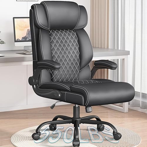 Miniatura 1 de Silla de oficina, ergonómica grande y alta, silla de escritorio ejecutiva, silla de cuero transpirable con reposabrazos abatibles ajustables, silla