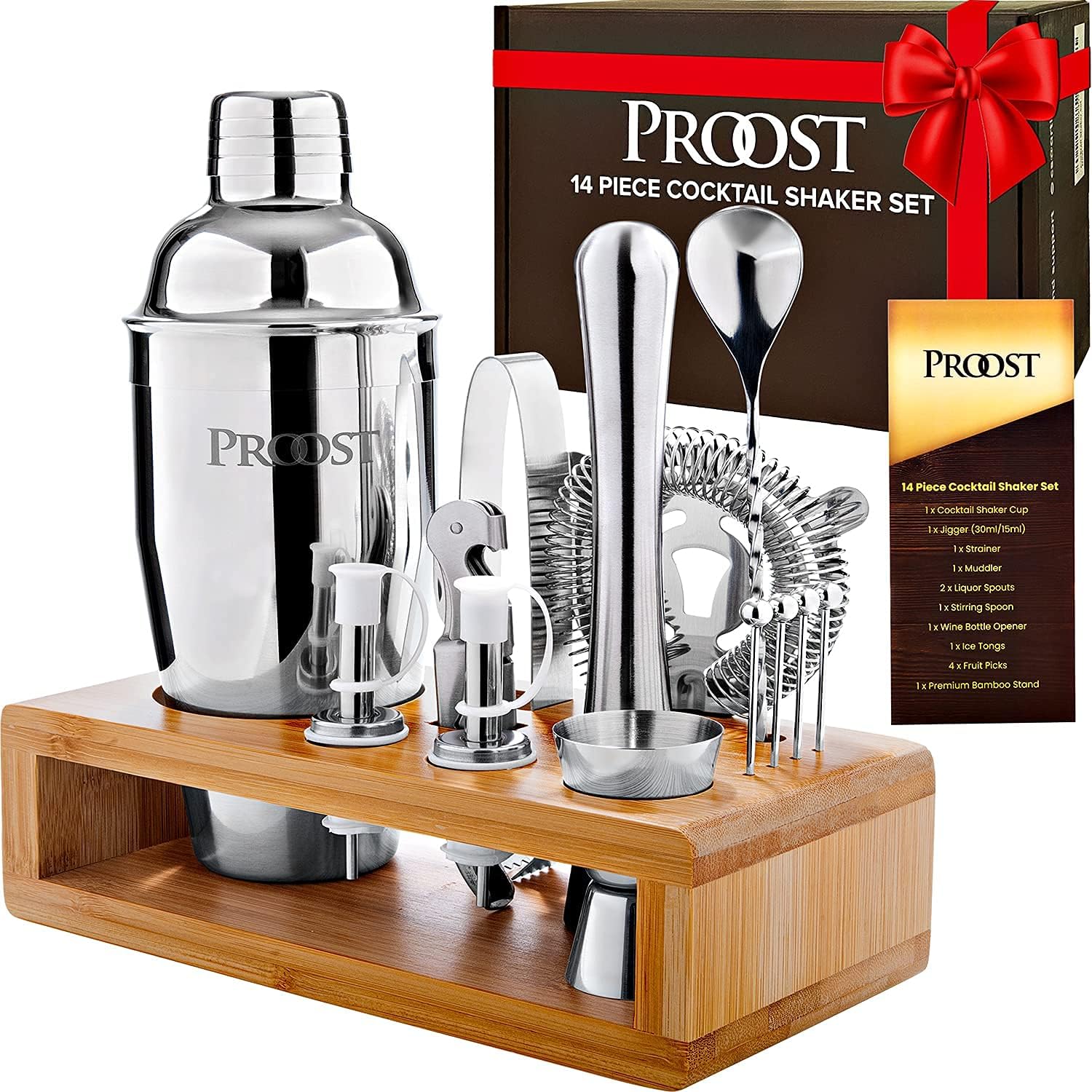 14 pcs Cocktail Shaker Set - Bartender Kit with Bamboo Stand, Perfect Bar Set for Home Bar with All Essential Bar Tools
