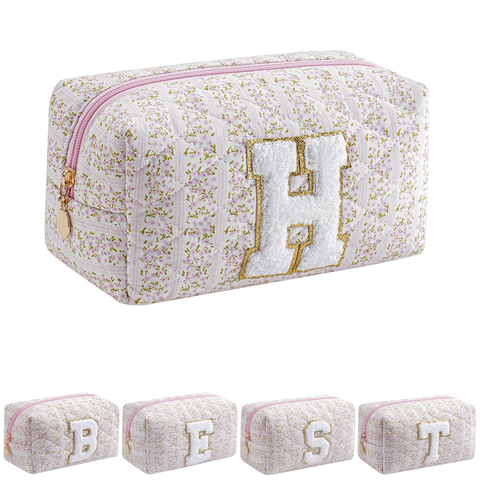 JOVAKIT Alphabet Makeup Bag Cosmetic Bag for Women, Christmas Gifts for Girls Age 6-18, Floral Flowers Coquette Travel Toiletry Zipper Make Up Pouch