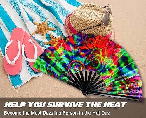 Miniatura 8 de Ventilador plegable grande para rave, ventilador plegable de bambú chino japonés con brillo UV, ventilador de mano para baile, música, festival