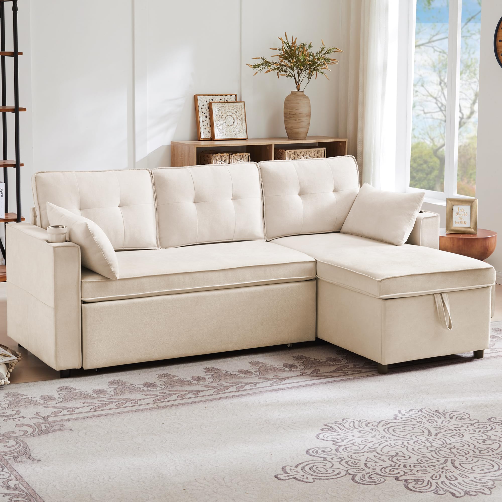 Divano Letto angolare in Cotone e Lino, Soggiorno, Beige, 211x129.5x86 cm