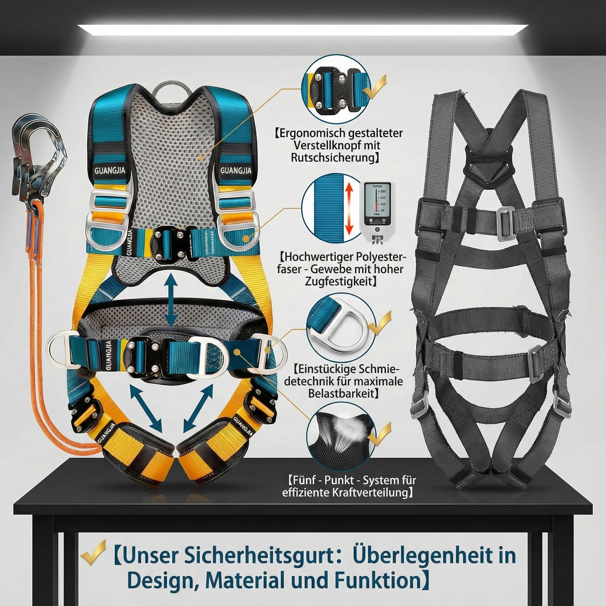 Magicbox Fallschutz Auffanggurt mit Verdickte Lendenwirbelstütze,190cm 150kg für Outdoor Baumklettern Bergsteigen Rettungsdienst Fallschutz Auffanggurt Absturzsicherung Sicherheitsgurt Set