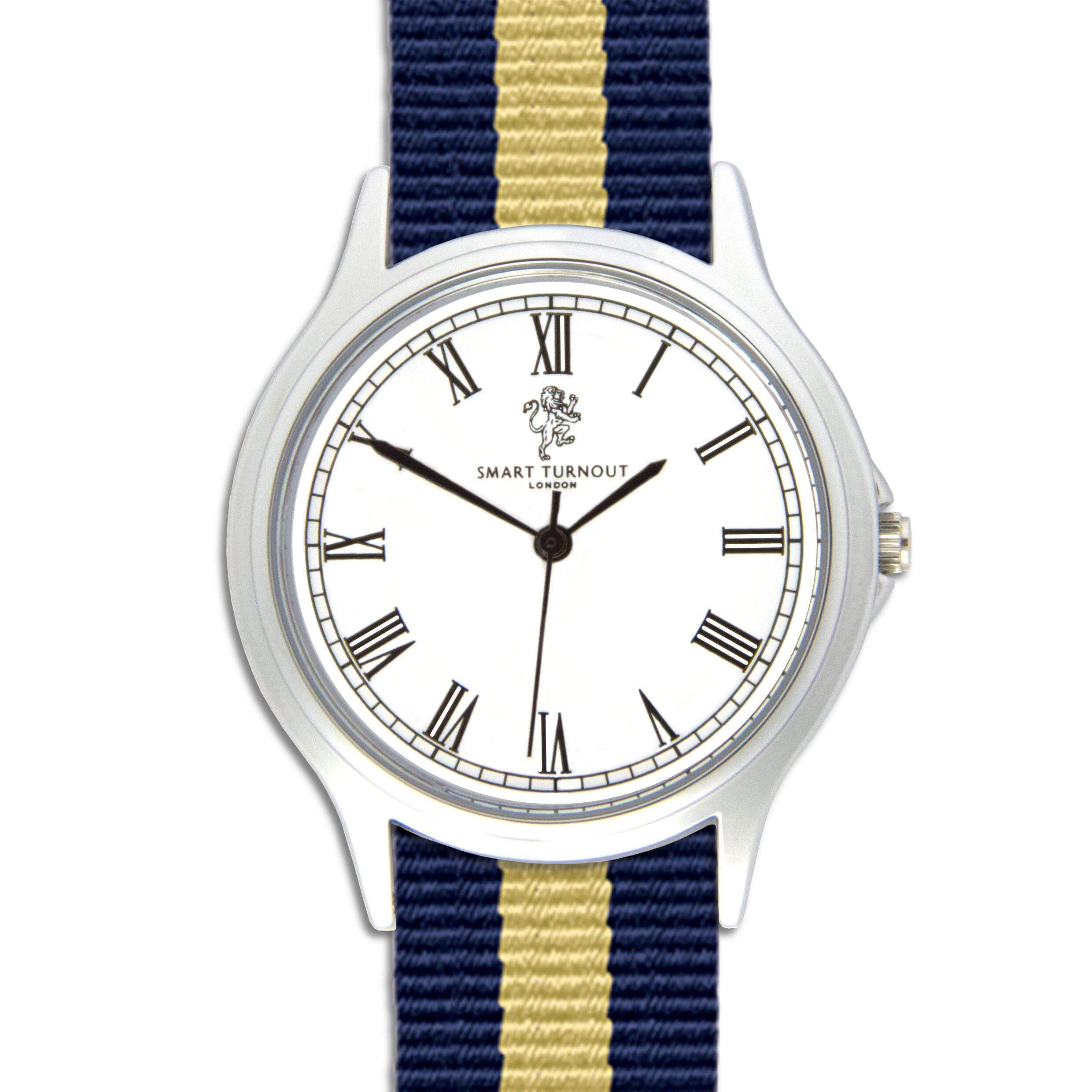 Smart Turnout Equerry - Correa de reloj NATO a rayas azul marino y amarillo