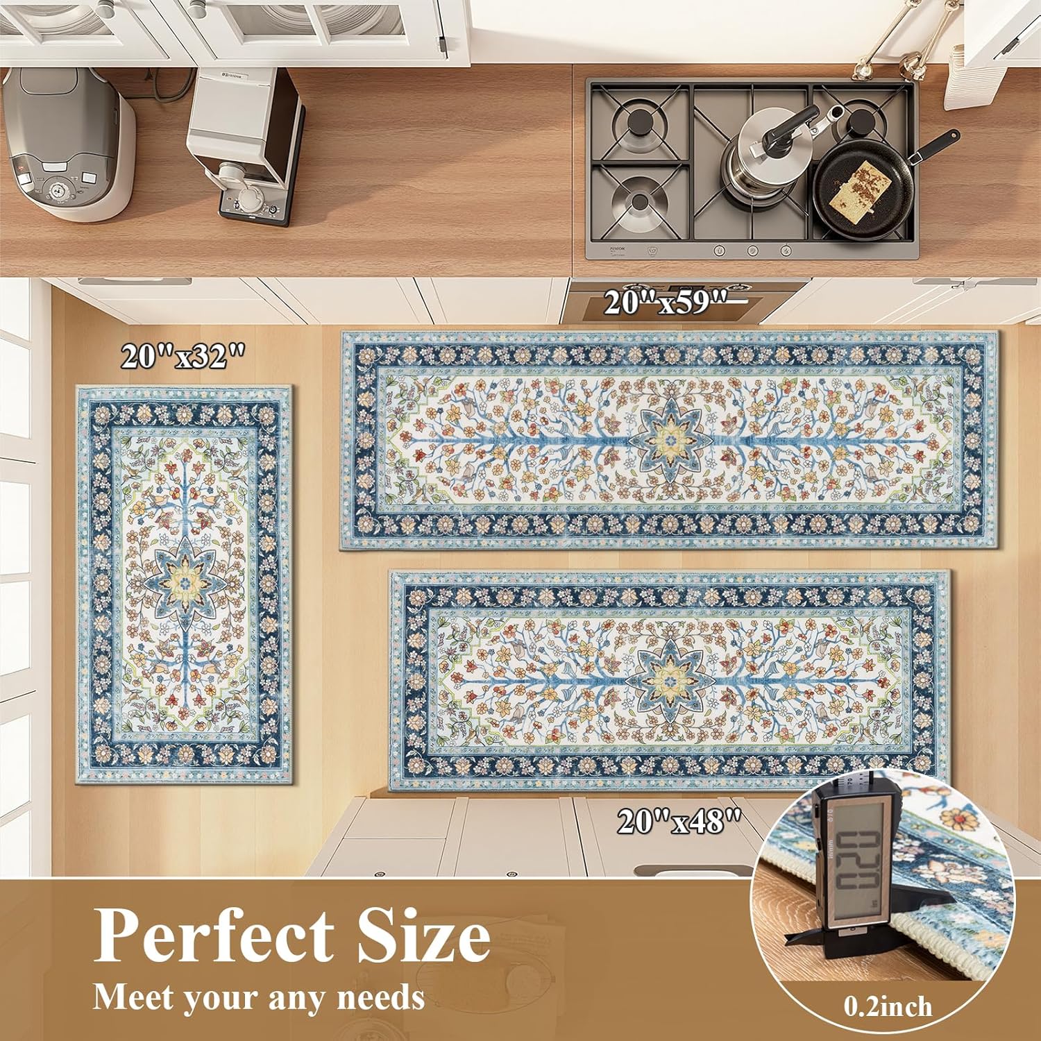 HEBE Boho Kitchen Rugs Sets of 3 Non Slip Washable Farmhouse Kitchen Rugs and Mats for Floor Kitchen Runner Rug Floor Carpet for Kitchen, Laundry, Hallways
