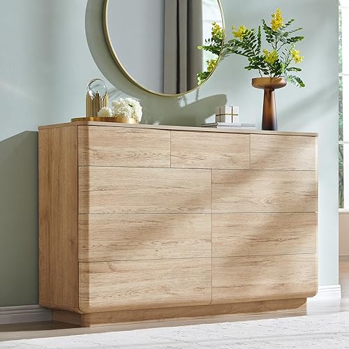 ACCOHOHO Cómoda moderna de 9 cajones para dormitorio, cómodas de madera de 52" de ancho con gran almacenamiento, cajonera sin tiradores soporte de