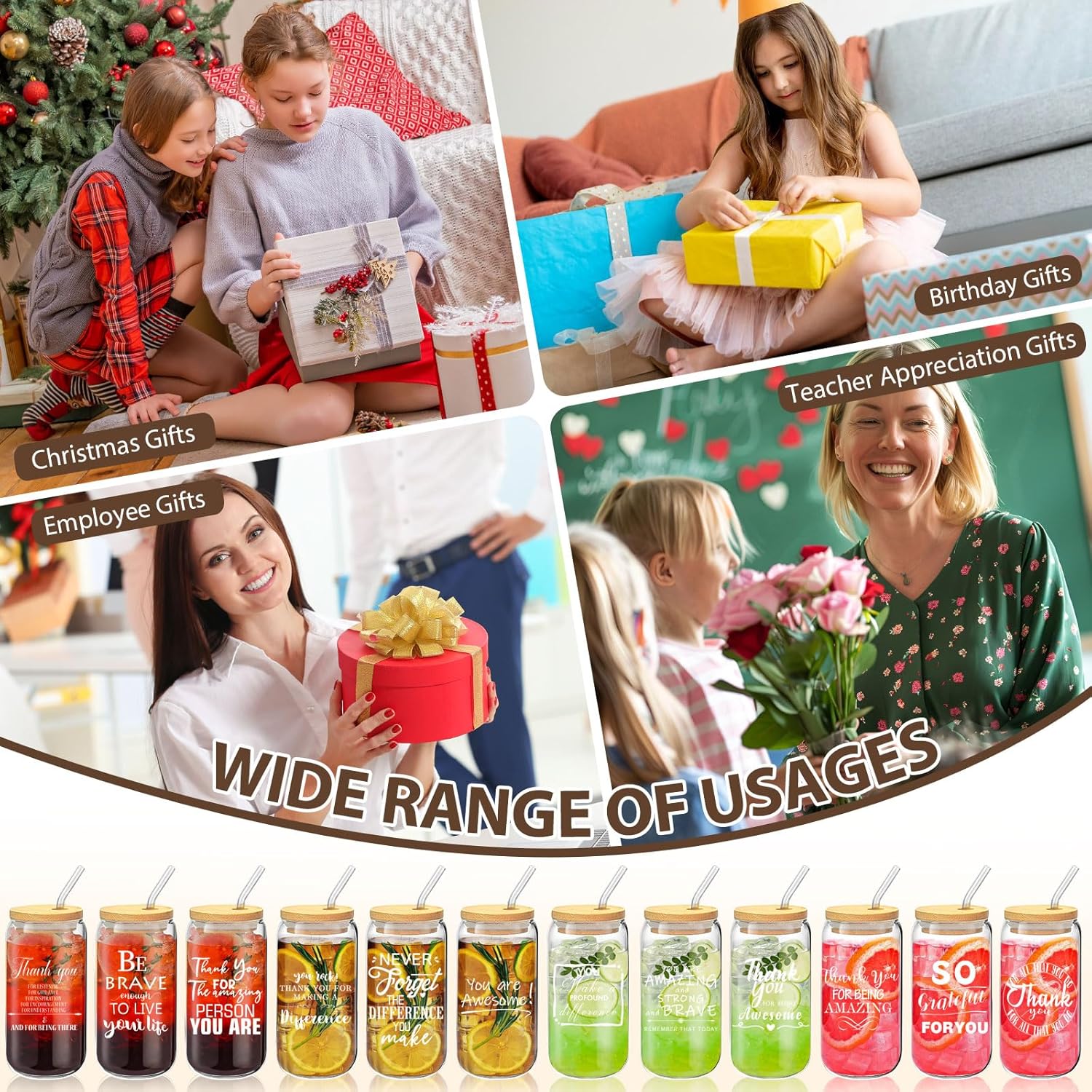 12 Set Thank You Gifts Employee Appreciation Gifts Bulk, 16 oz Glass Cups with Lids Straws Brushes and Gift Cards for Staff Coworker Friends Teacher Nurse